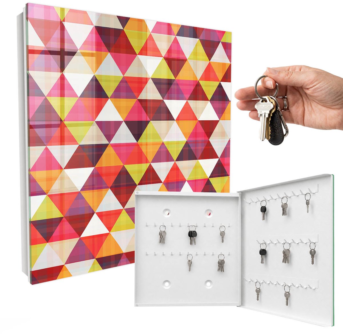 WallMuralia - Sleutelkast - 30x30x5 cm - met 50 haken - Kleurrijke Patronen Sleutelkastje Modern - Rood Sleutelbox - Rechtsopenend - Wit interieur