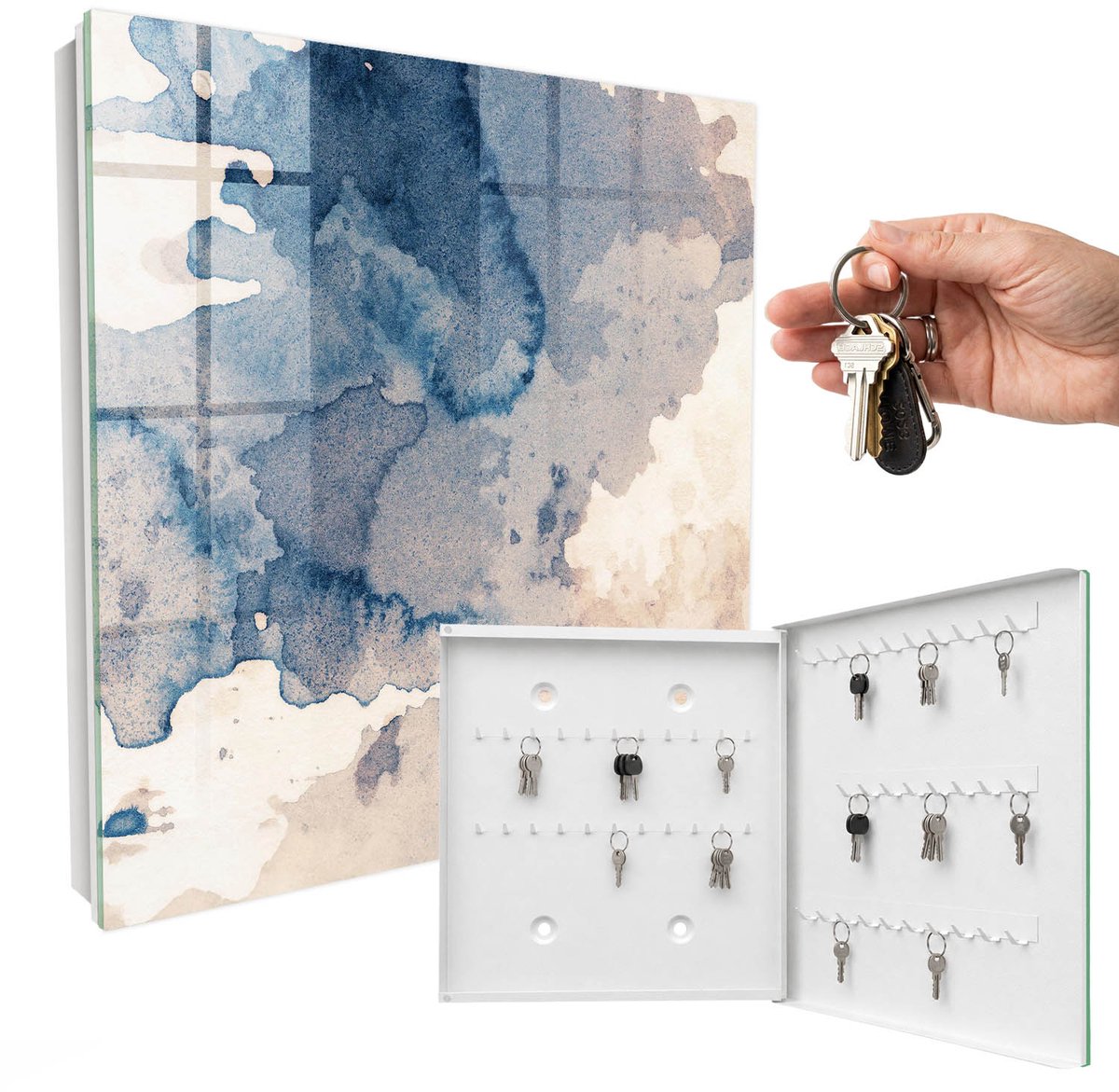 WallMuralia - Sleutelkast - 30x30x5 cm - met 50 haken - Aquarelvlekken Groot Sleutelkastje - Blauw Sleutelbox - Rechtsopenend - Wit interieur