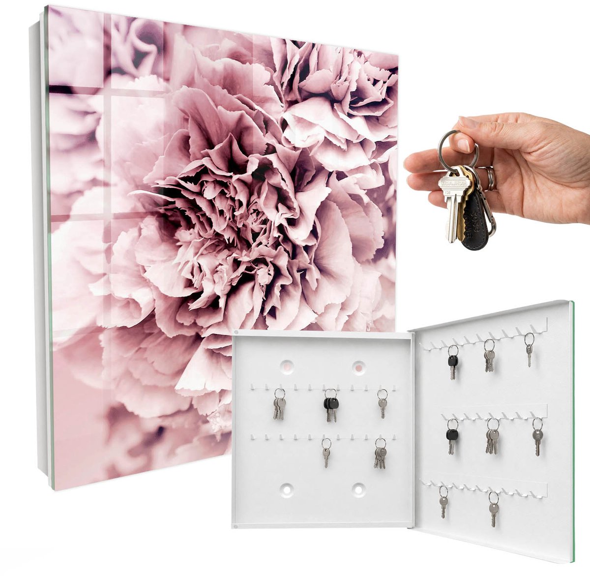 WallMuralia - Sleutelkast - 30x30x5 cm - met 50 haken - Roze Bloem Sleutelkastje Huis - Roze Sleutelbox - Rechtsopenend - Wit interieur