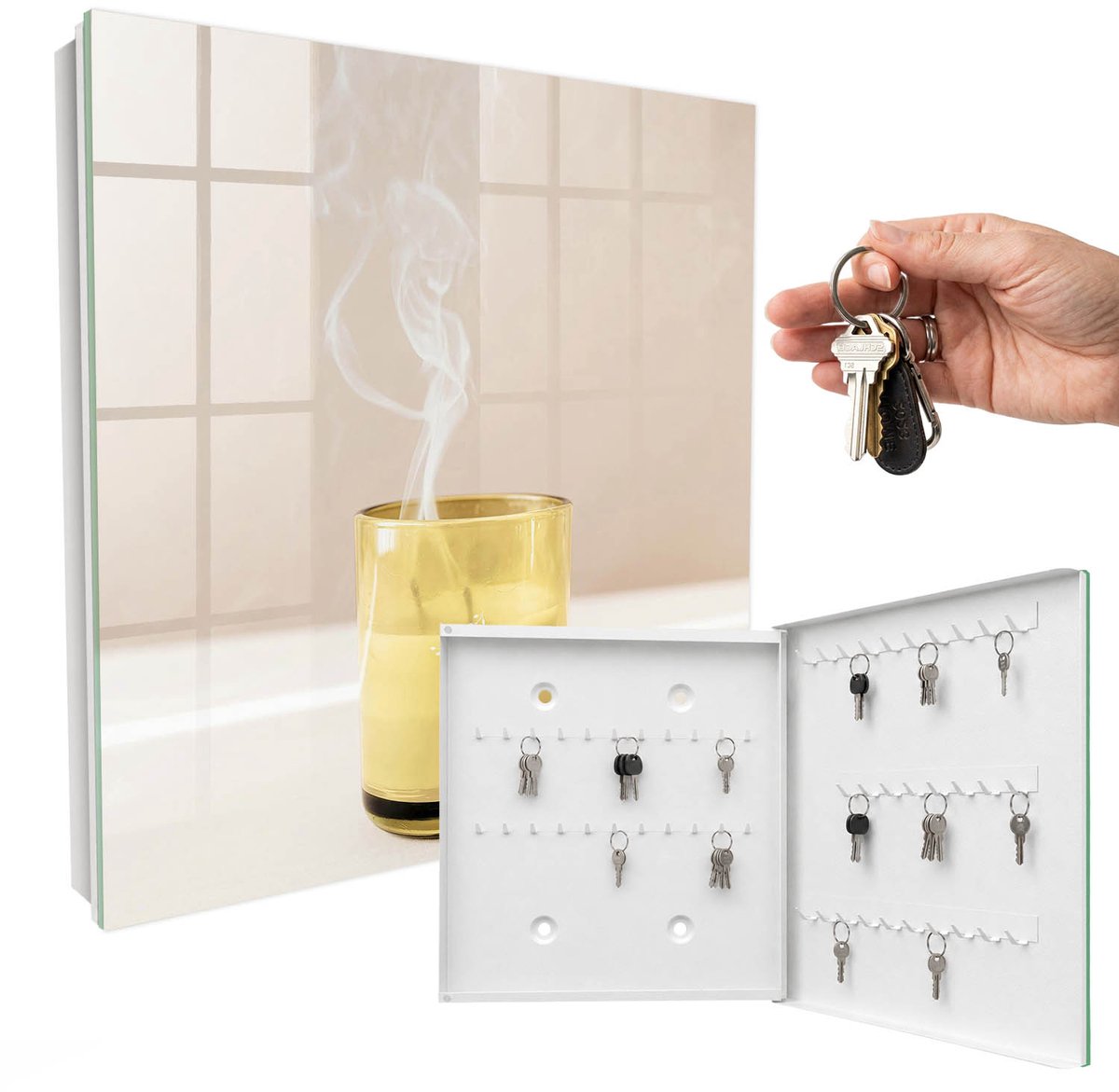 WallMuralia - Sleutelkast - 30x30x5 cm - met 50 haken - Glazen Stuk Sleutelkastje Landelijk - Geel Sleutelbox - Rechtsopenend - Wit interieur