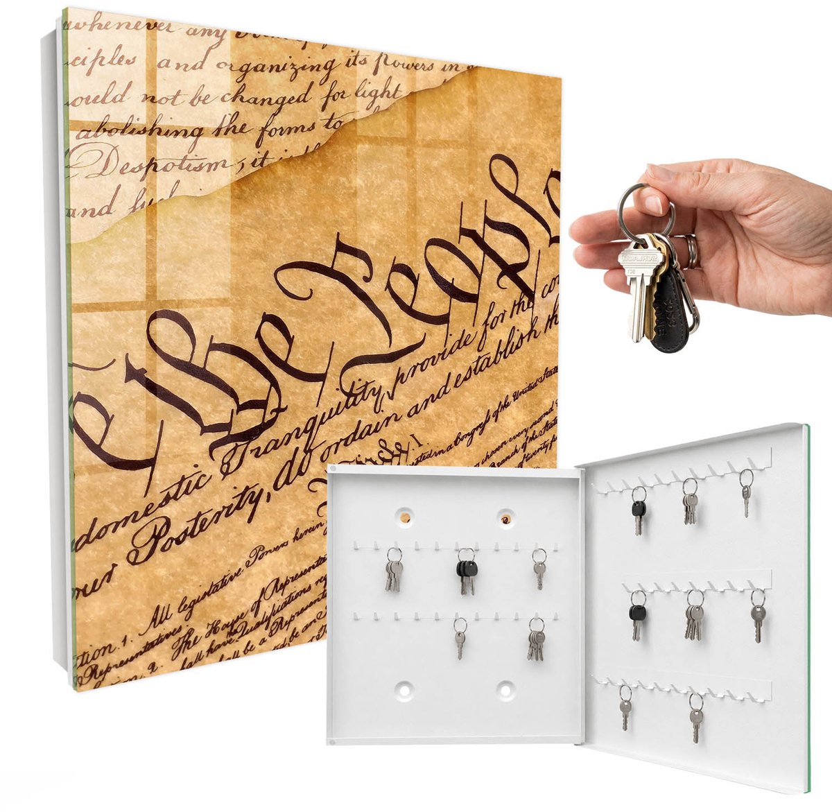 WallMuralia - Sleutelkast - 30x30x5 cm - met 50 haken - Oud Document Sleutelkastje Design - Beige Sleutelbox - Rechtsopenend - Wit interieur