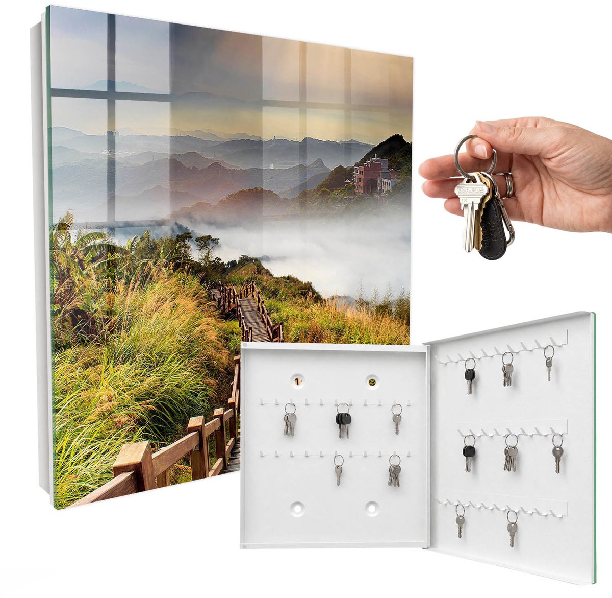 WallMuralia - Sleutelkast - 30x30x5 cm - met 50 haken - Bergmagie Sleutelkastje Klein - Groente Sleutelbox - Rechtsopenend - Wit interieur
