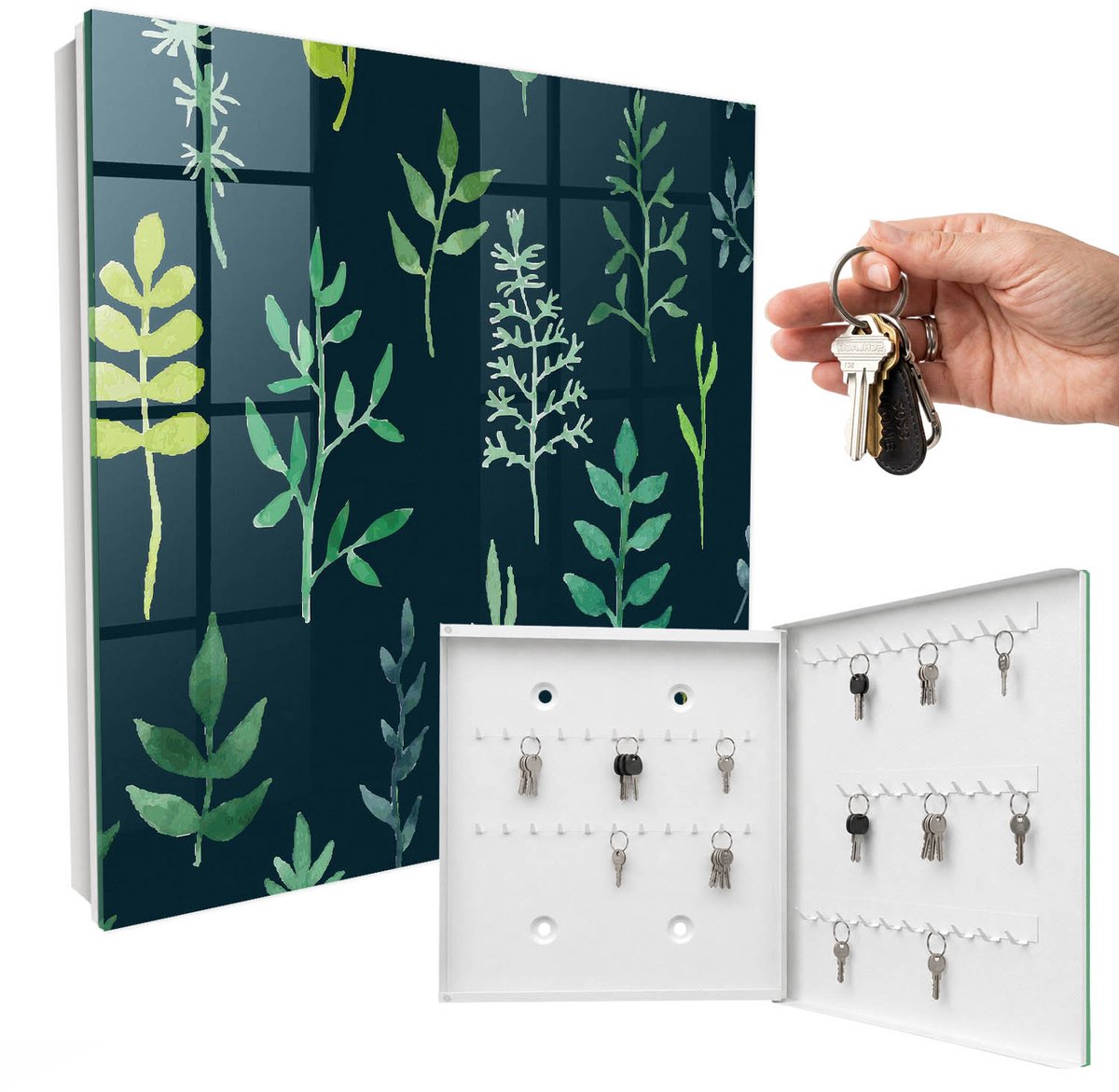 WallMuralia - Sleutelkast - 30x30x5 cm - met 50 haken - Aquarelbladeren Sleutelkastje Gang - Groente Sleutelbox - Rechtsopenend - Wit interieur