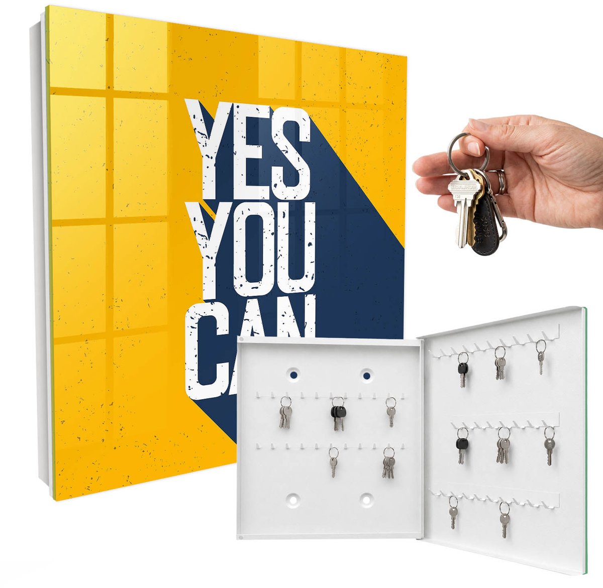 WallMuralia - Sleutelkast - 30x30x5 cm - met 50 haken - Ja, Dat Kan. Sleutelkastje Hal - Geel Sleutelbox - Rechtsopenend - Wit interieur