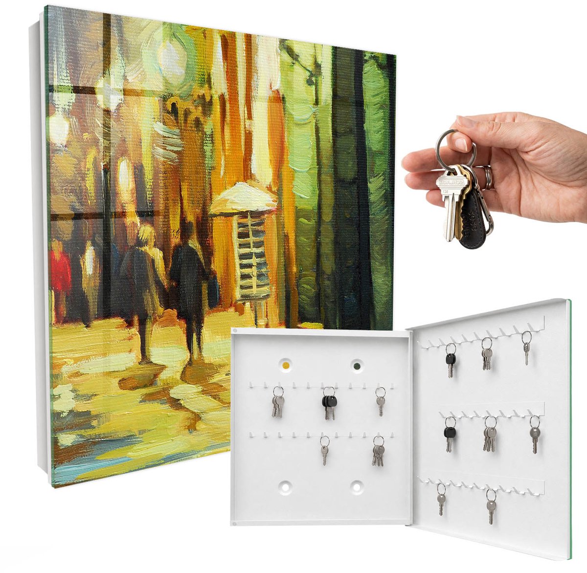 WallMuralia - Sleutelkast - 30x30x5 cm - met 50 haken - Nachtstad Sleutelkastje Modern - Groente Sleutelbox - Rechtsopenend - Wit interieur