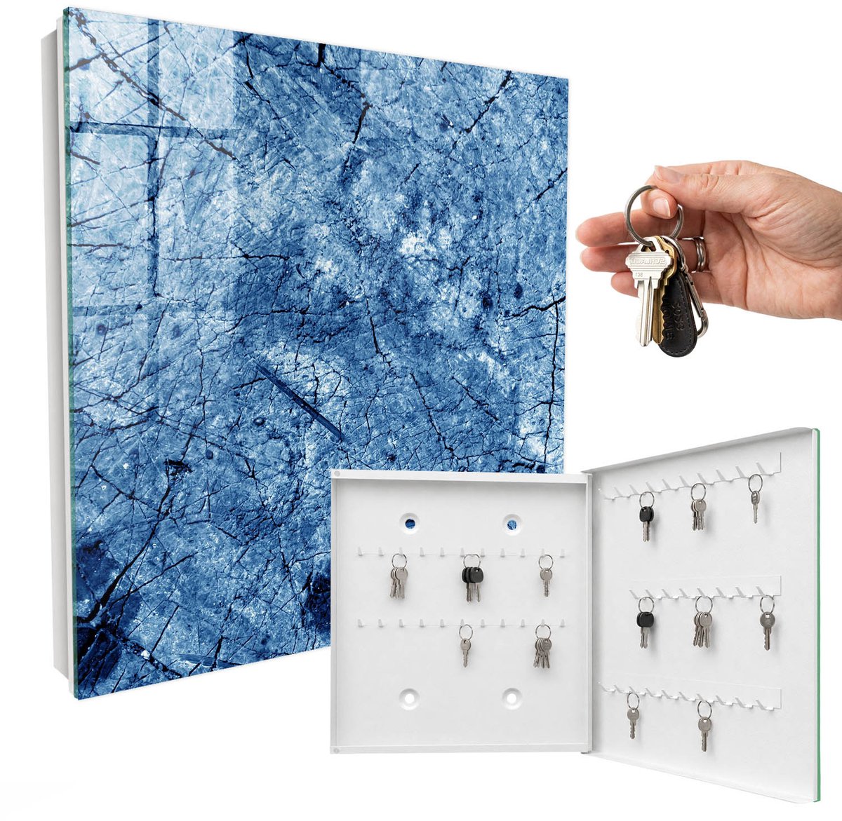 WallMuralia - Sleutelkast - 30x30x5 cm - met 50 haken - Blauwe Textuur Design Sleutelkastje - Blauw Sleutelbox - Rechtsopenend - Wit interieur