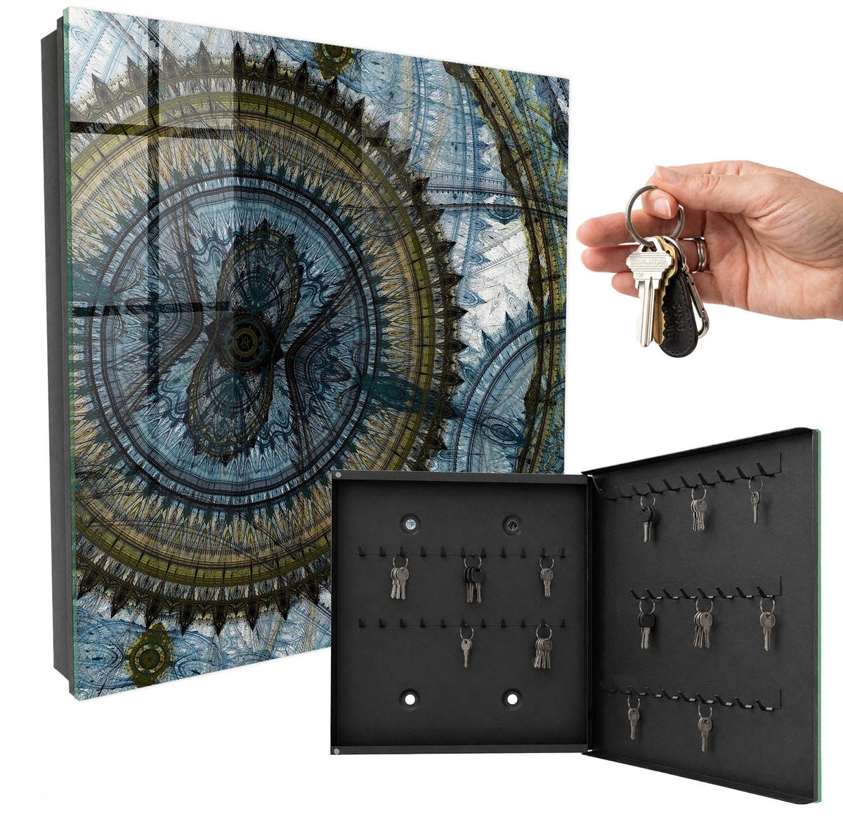 WallMuralia - Sleutelkast - 30x30x5 cm - met 50 haken - Geometrische Mandala Sleutelkastje Binnen - Blauw Sleutelbox - Rechtsopenend - Zwart interieur