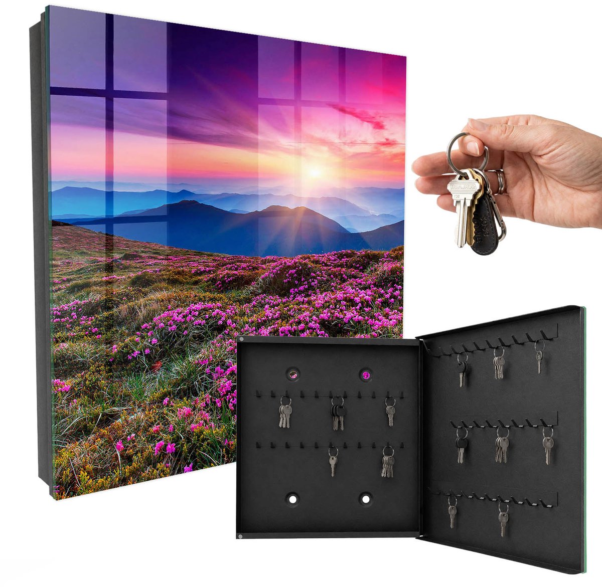 WallMuralia - Sleutelkast - 30x30x5 cm - met 50 haken - Bergochtend Sleutelkastje Voor Binnen - Roze Sleutelbox - Rechtsopenend - Zwart interieur