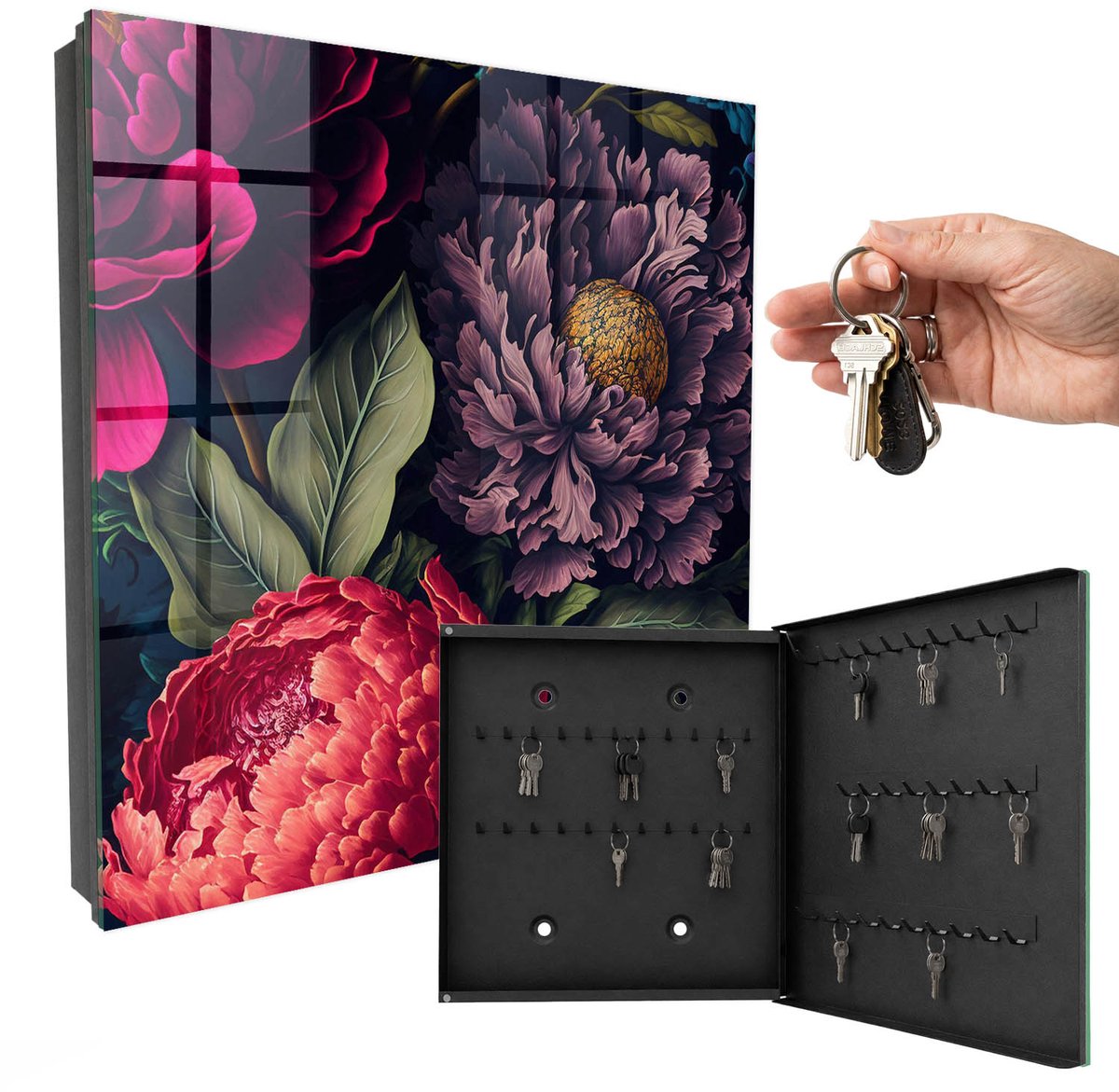 WallMuralia - Sleutelkast - 30x30x5 cm - met 50 haken - Bloemen Van Luxe Design Sleutelkastje - Paars Sleutelbox - Rechtsopenend - Zwart interieur