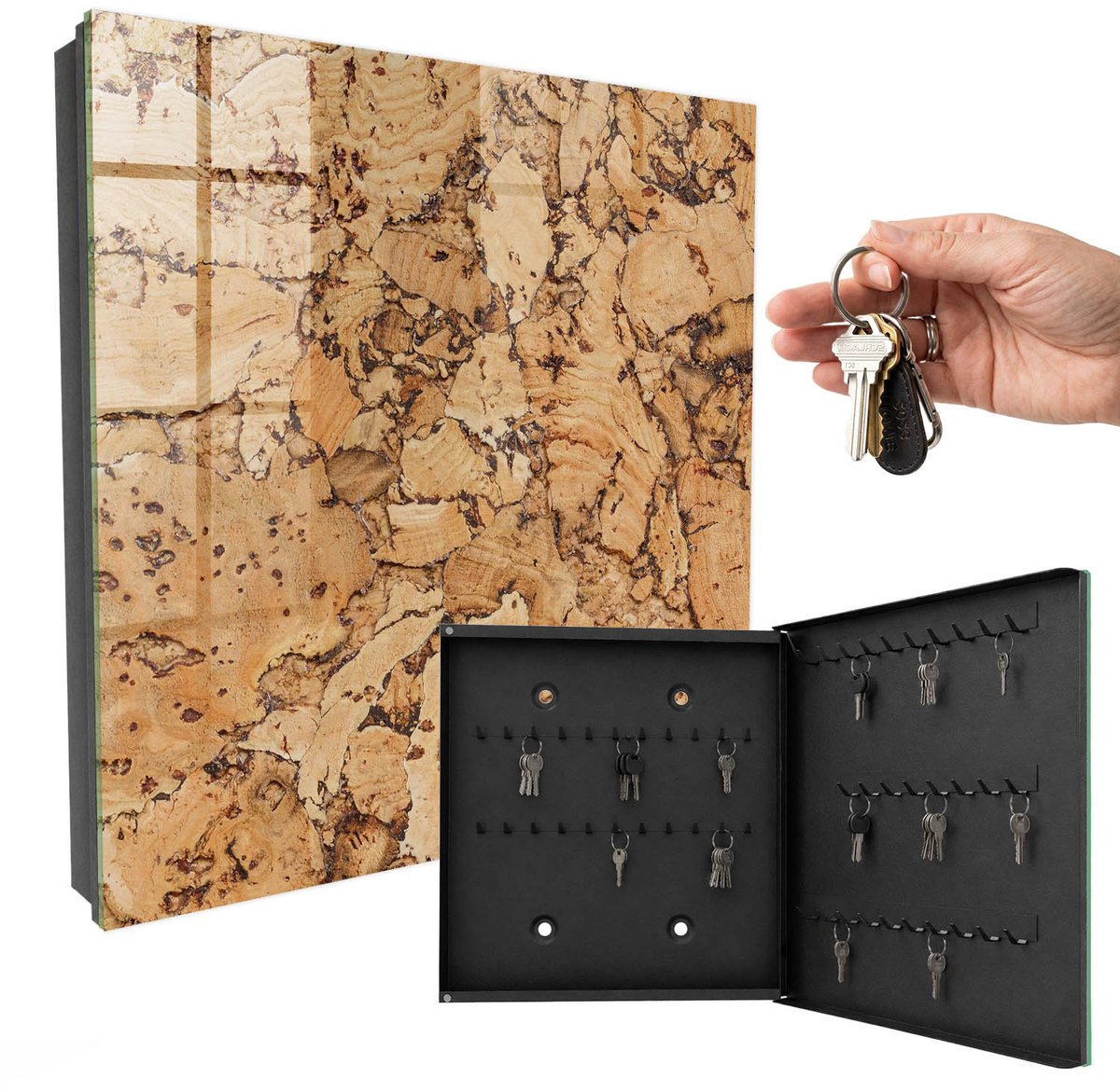 WallMuralia - Sleutelkast - 30x30x5 cm - met 50 haken - Kurk Natuur Sleutelkastje Huis - Bruin Sleutelbox - Rechtsopenend - Zwart interieur