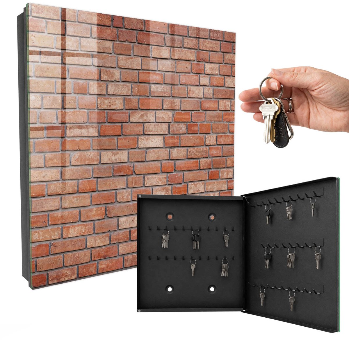 WallMuralia - Sleutelkast - 30x30x5 cm - met 50 haken - Bakstenen Muur Groot Sleutelkastje - Bruin Sleutelbox - Rechtsopenend - Zwart interieur