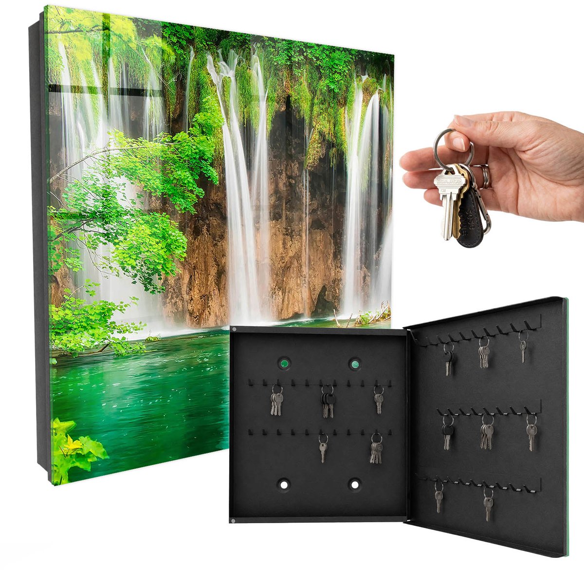 WallMuralia - Sleutelkast - 30x30x5 cm - met 50 haken - Groene Waterval Sleutelkastje Design - Groente Sleutelbox - Rechtsopenend - Zwart interieur
