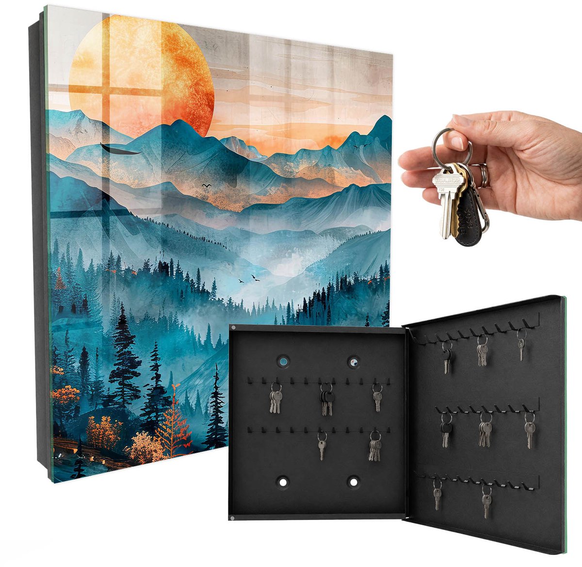 WallMuralia - Sleutelkast - 30x30x5 cm - met 50 haken - Bergachtig Westen Sleutelkastje - Turkoois Sleutelbox - Rechtsopenend - Zwart interieur