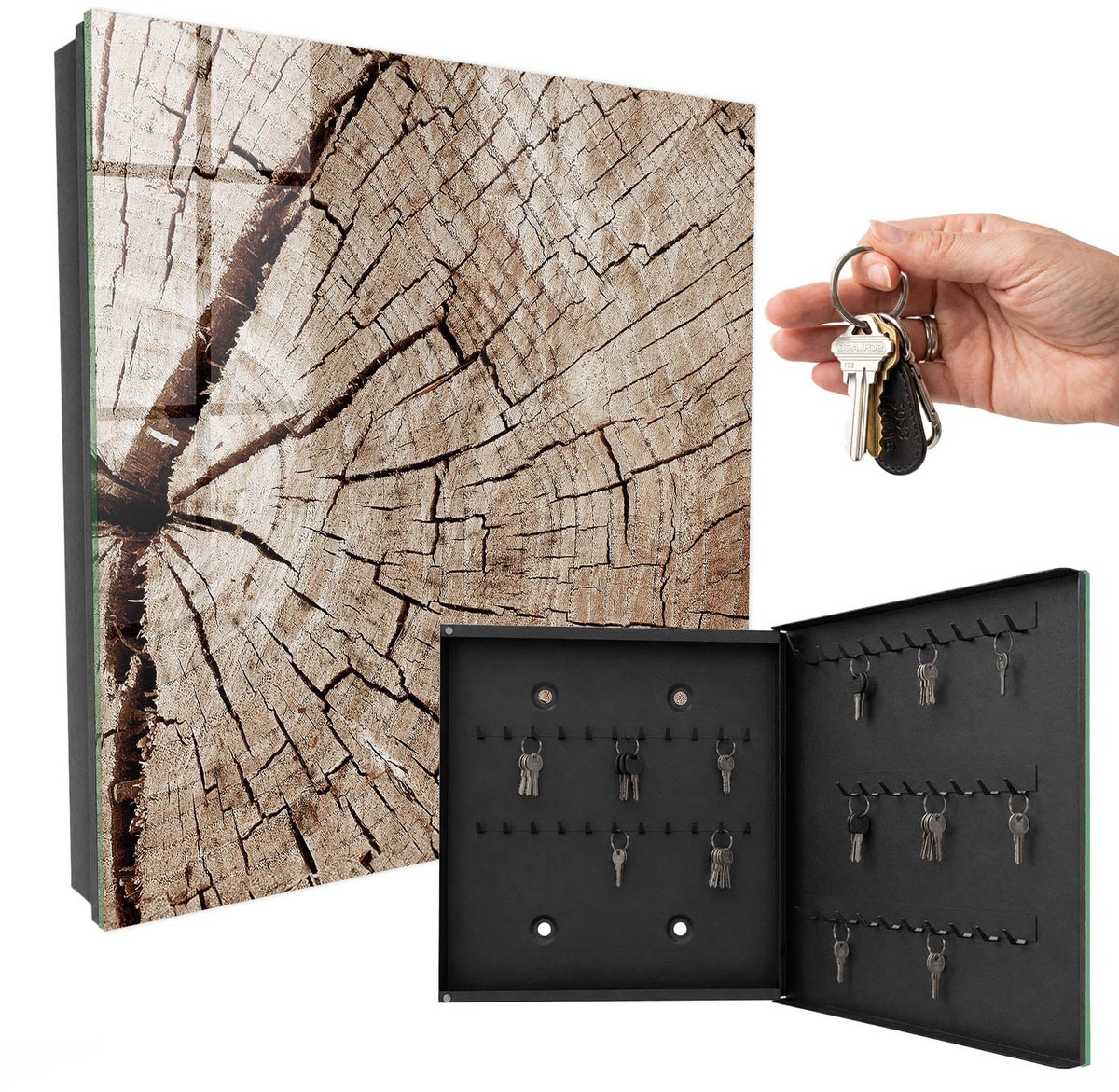 WallMuralia - Sleutelkast - 30x30x5 cm - met 50 haken - Houtnerf Sleutelkastje Landelijk - Bruin Sleutelbox - Rechtsopenend - Zwart interieur