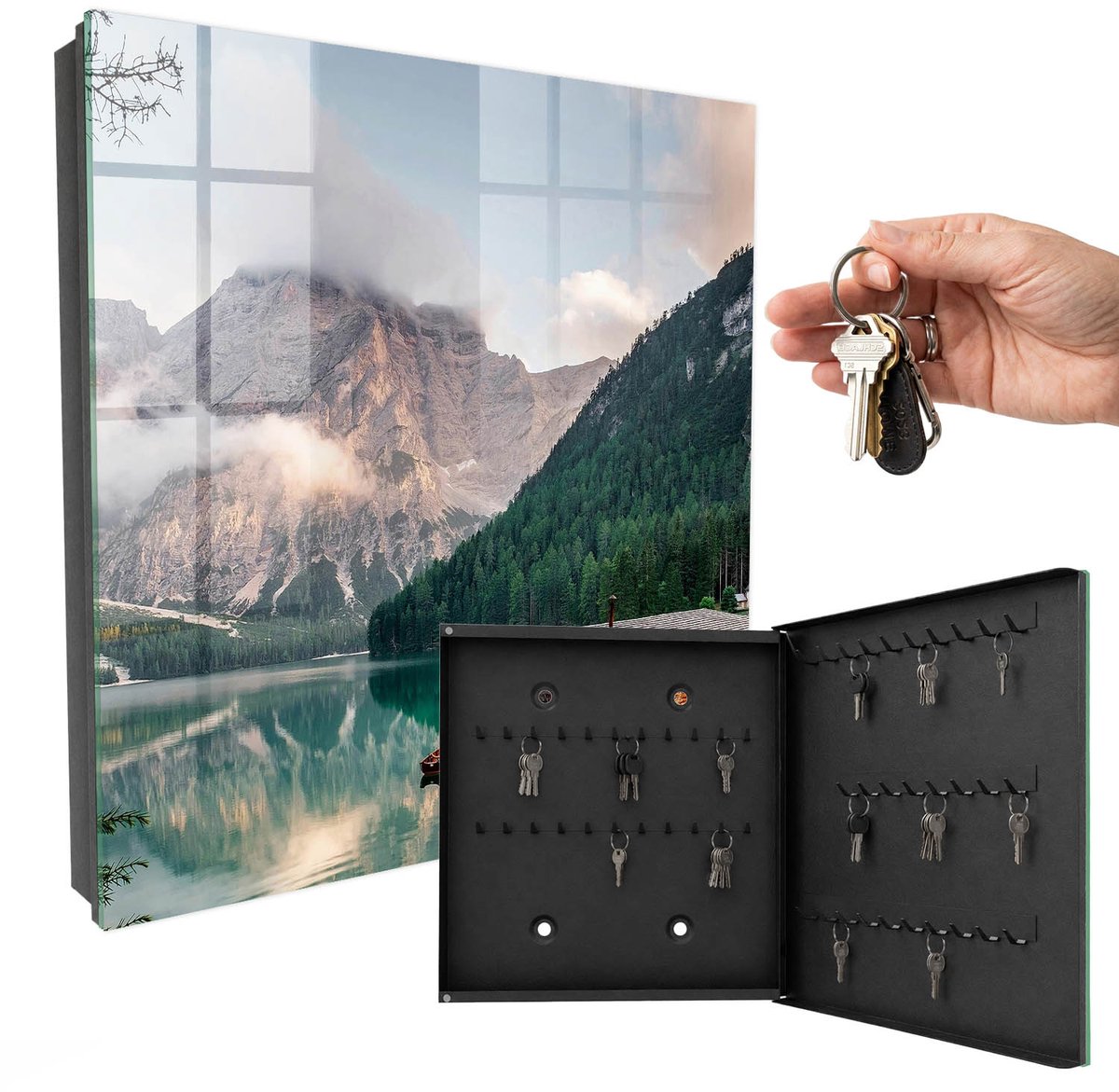 WallMuralia - Sleutelkast - 30x30x5 cm - met 50 haken - Bergmagie Groot Sleutelkastje - Groente Sleutelbox - Rechtsopenend - Zwart interieur