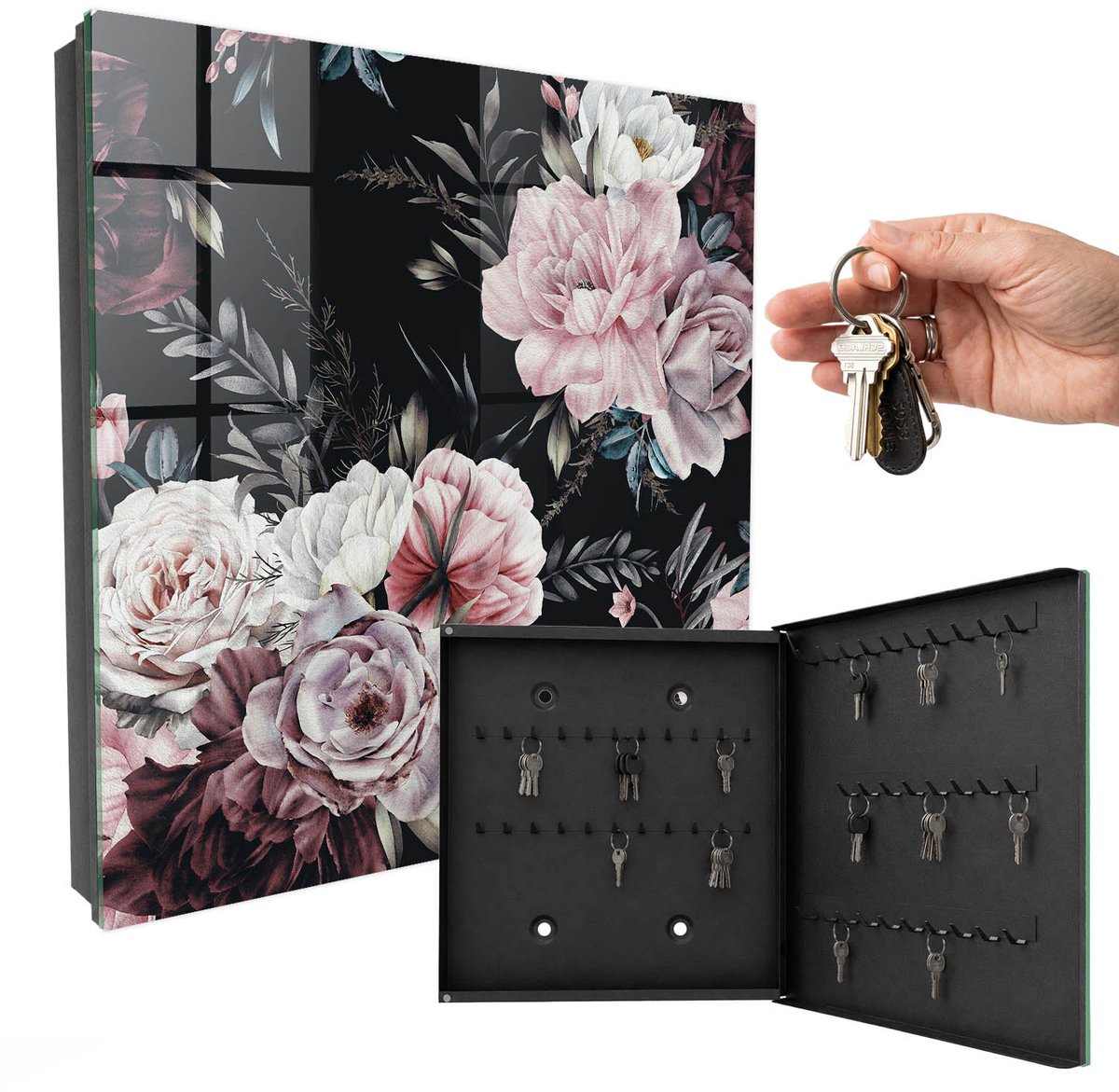 WallMuralia - Sleutelkast - 30x30x5 cm - met 50 haken - Bloemenpracht Sleutelkastje Gang - Roze Sleutelbox - Rechtsopenend - Zwart interieur
