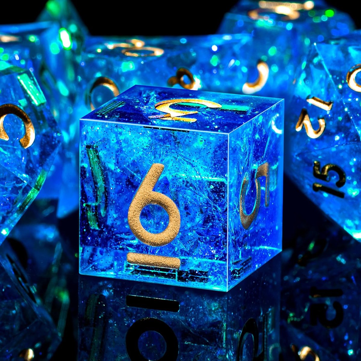 7-Die DND Dobbelstenen Set Sharp Edge Polyhedral Dobbelstenen voor Kerkers en Draken RPG MTG Tafelspellen (Blauw & Goud)