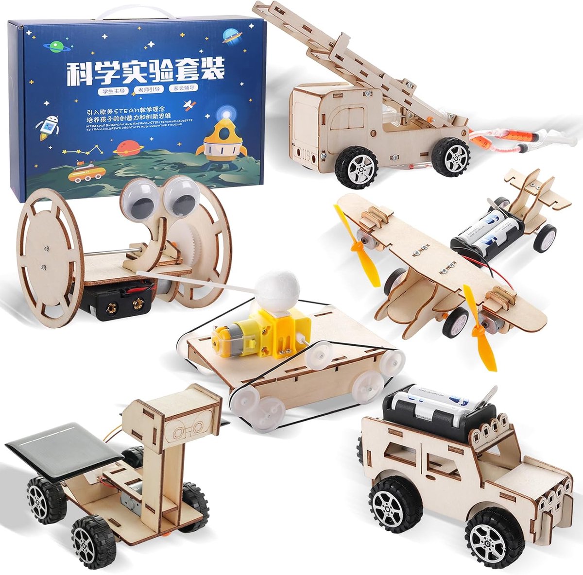 Set van 6 experimenten voor kinderen vanaf 8, 9, 10, 11, 12, experimenteerdoos, elektronische bouwset, houten bouwset, auto's, vliegtuigen, ruimtevaartuigen, set