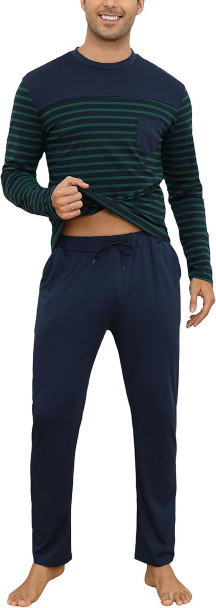 Herenpyjama, lang, katoen, manchetten, winterpyjama, gestreept, shirt