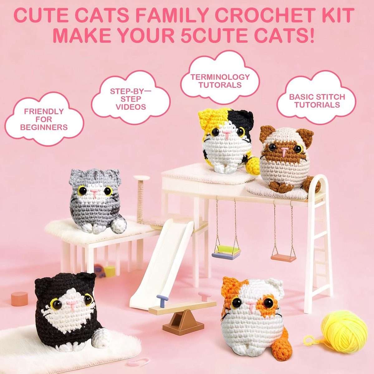 Dierenhaakset voor beginners, 5 stuks, katten, familie, haakset voor