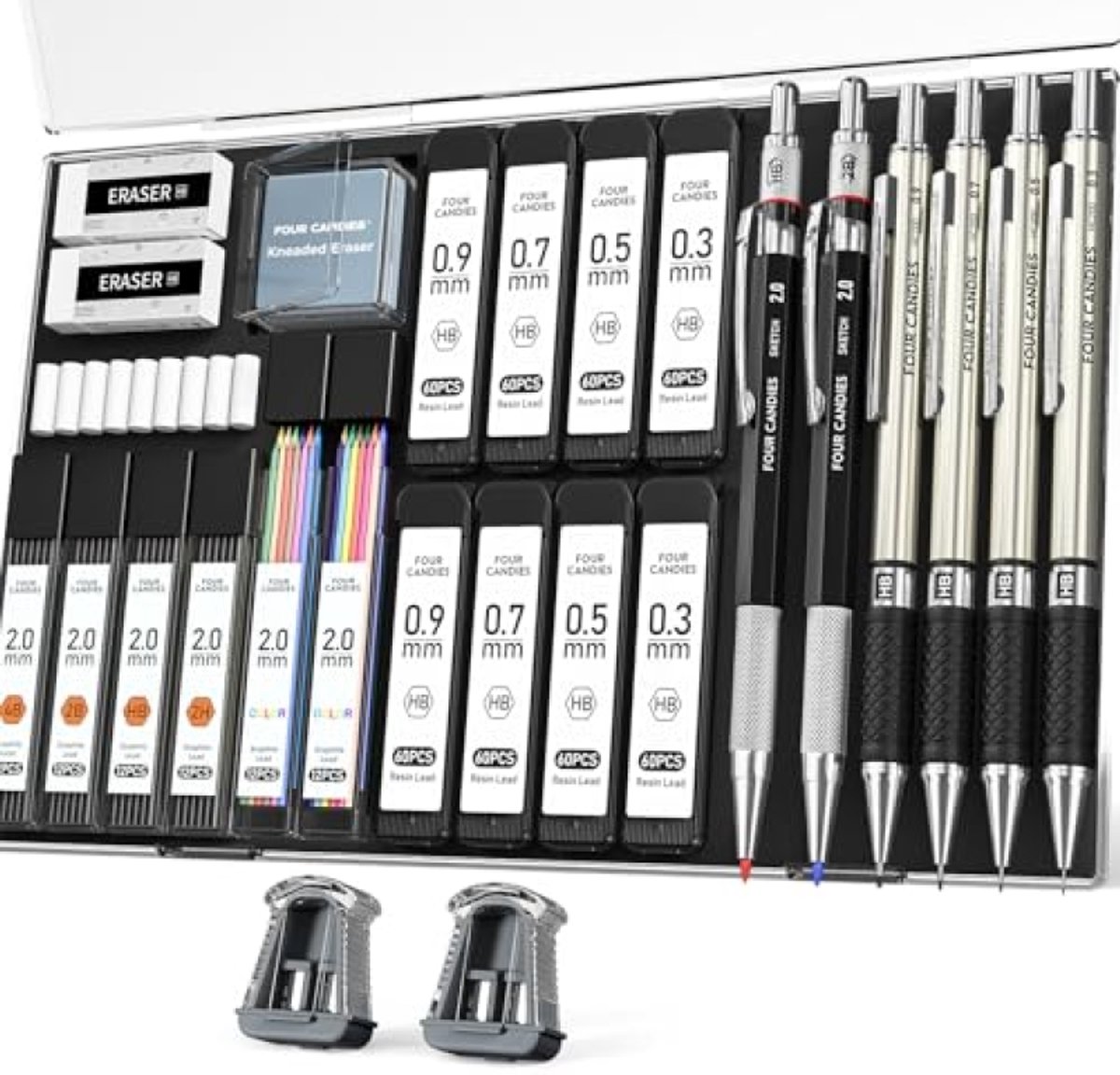 Professionele mechanische vulpotlood set 0,3 / 0,5 / 0,7 / 0,9 / 2,0 mm - 517-delige kunstenaarsset met vullingen, gummen en puntenslijpers - PromoHome