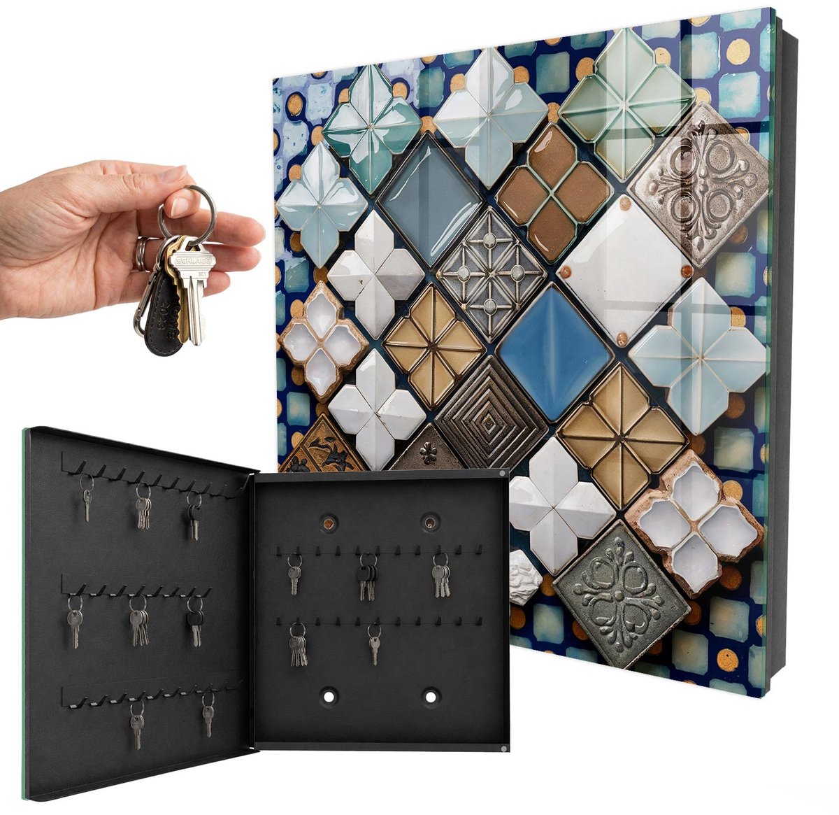 WallMuralia - Sleutelkast - 30x30x5 cm - met 50 haken - Tegelpatronen Sleutelkastje Huis - Blauw Sleutelbox - Linksopenend - Zwart interieur