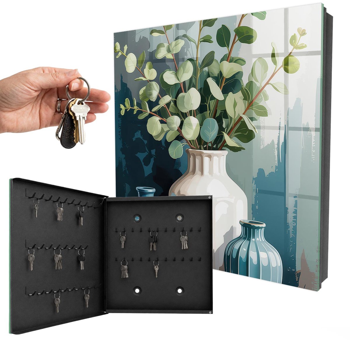 WallMuralia - Sleutelkast - 30x30x5 cm - met 50 haken - Vazen En Bladeren Sleutelkastje Design - Groente Sleutelbox - Linksopenend - Zwart interieur