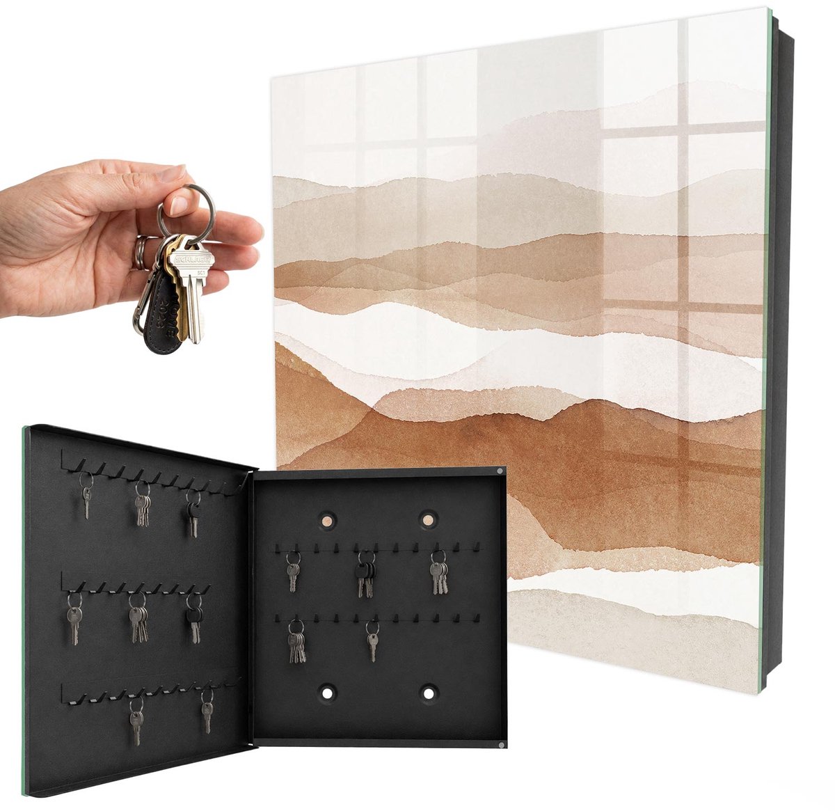 WallMuralia - Sleutelkast - 30x30x5 cm - met 50 haken - Pastelkleurige Golven Sleutelkastje Huis - Beige Sleutelbox - Linksopenend - Zwart interieur