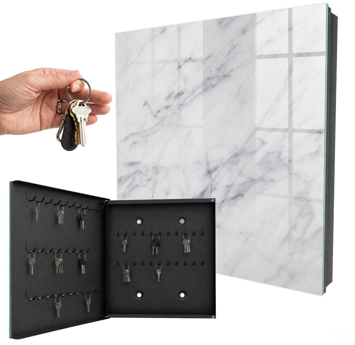 WallMuralia - Sleutelkast - 30x30x5 cm - met 50 haken - Marmeren Elegantie Sleutelkastje Binnen - Wit Sleutelbox - Linksopenend - Zwart interieur