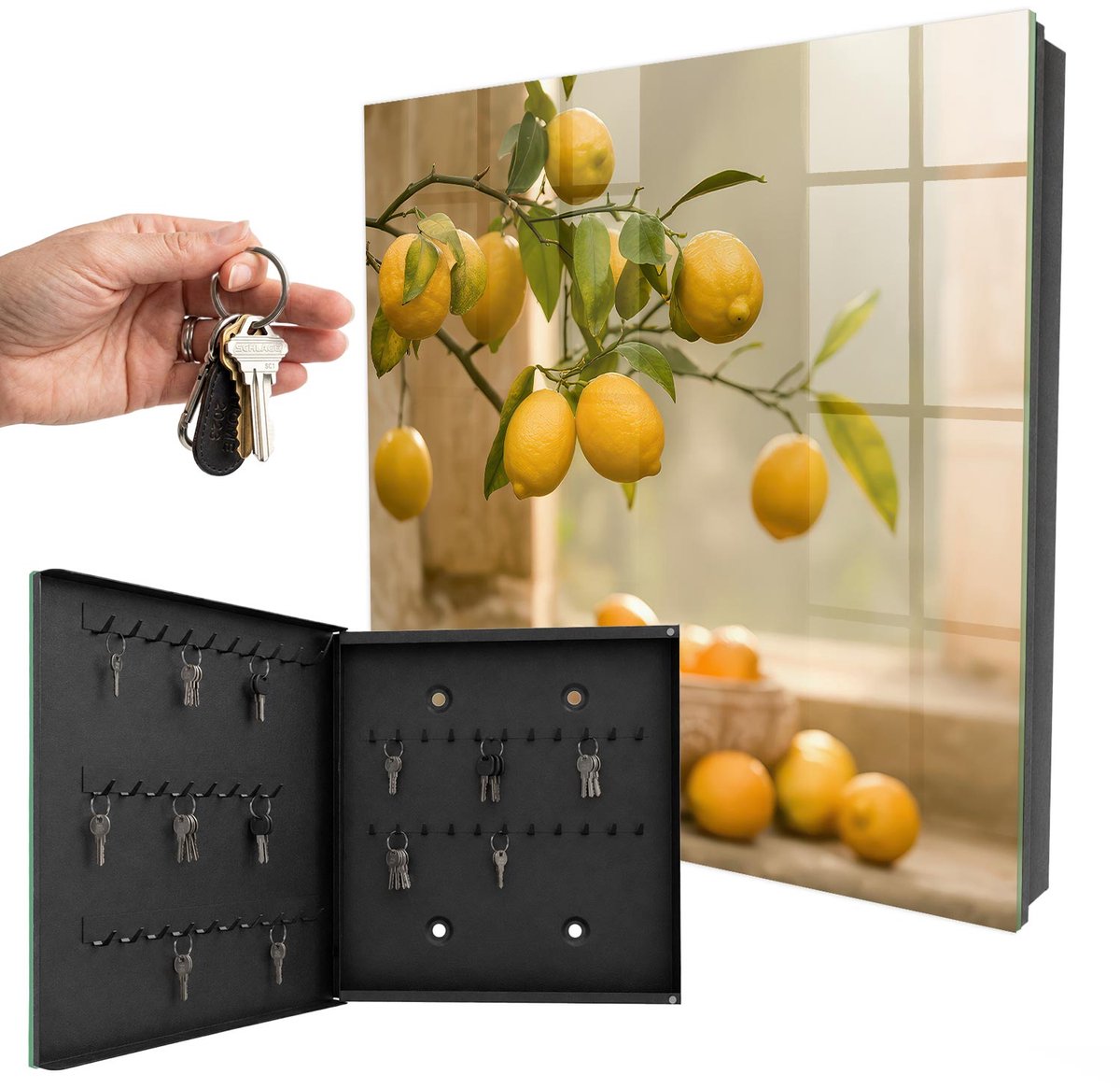 WallMuralia - Sleutelkast - 30x30x5 cm - met 50 haken - Citroen Charm Sleutelkastje Voor Binnen - Geel Sleutelbox - Linksopenend - Zwart interieur