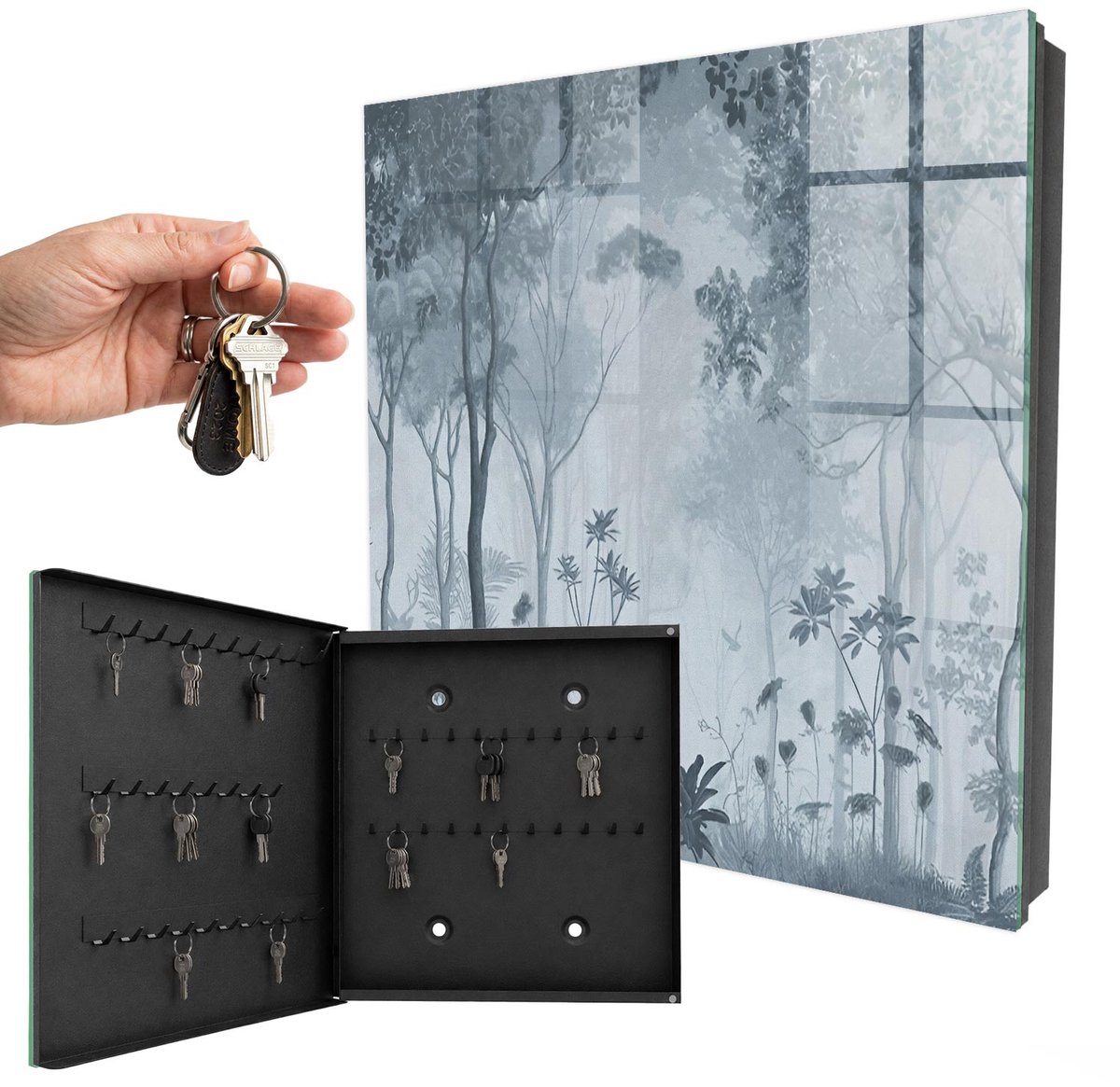 WallMuralia - Sleutelkast - 30x30x5 cm - met 50 haken - Nevelbos Sleutelkastje Voor Binnen - Grijs Sleutelbox - Linksopenend - Zwart interieur