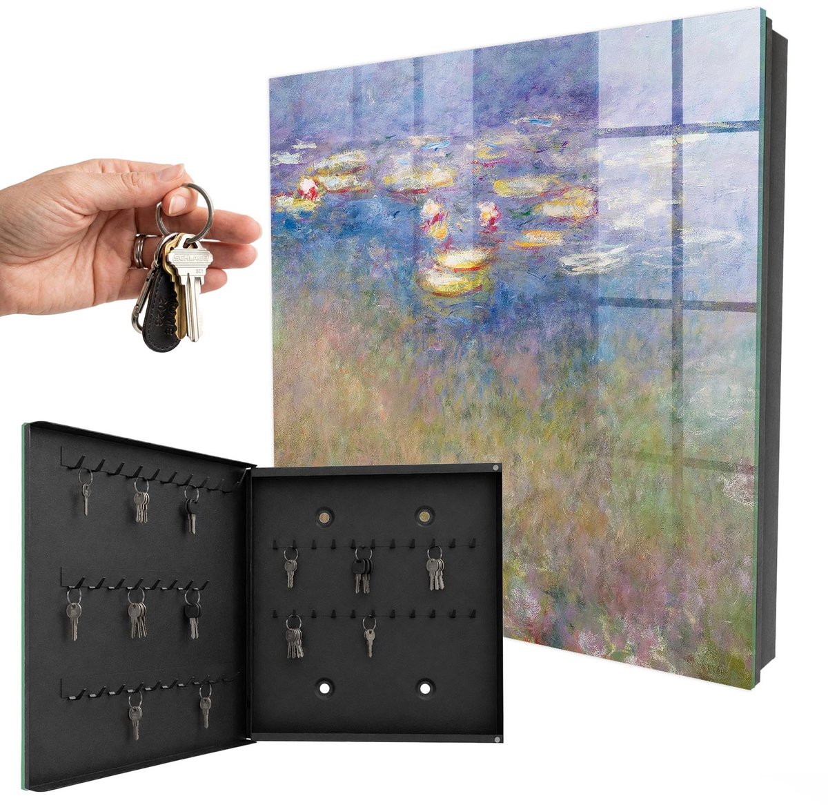 WallMuralia - Sleutelkast - 30x30x5 cm - met 50 haken - Lelies Lelies Sleutelkastje Hal - Paars Sleutelbox - Linksopenend - Zwart interieur