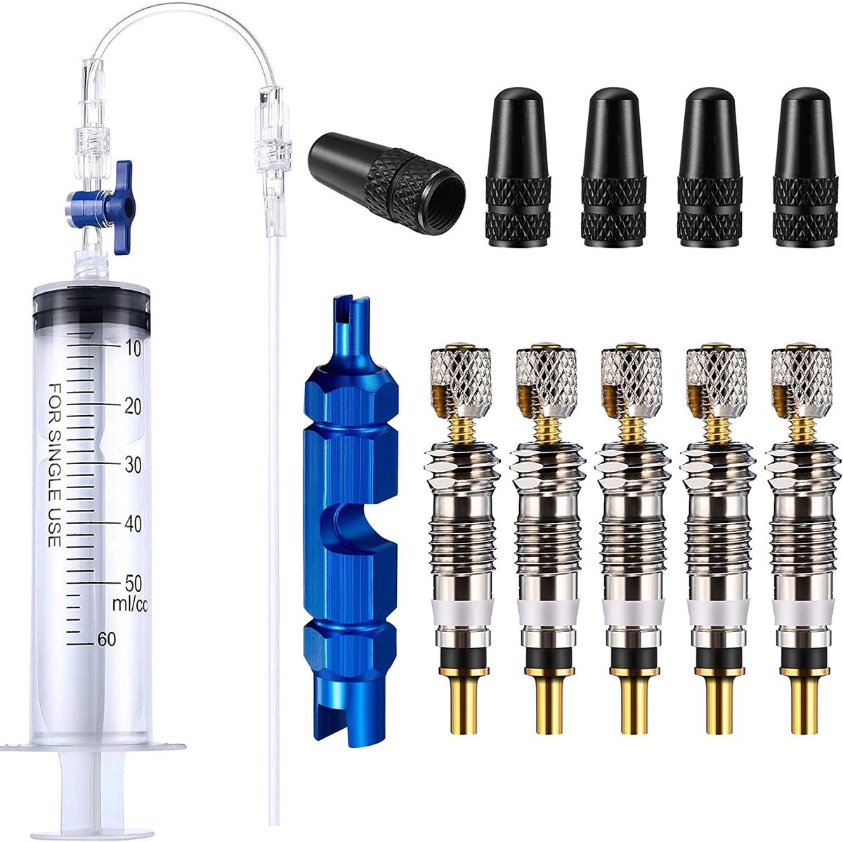Fiets-afdichtingsspuit en gereedschap voor het verwijderen van Presta-ventielen, met Presta-ventielen, Cores Obus ventiel, Presta-ventiel, compatibel met de montageset van Stans Sealants 60 ml