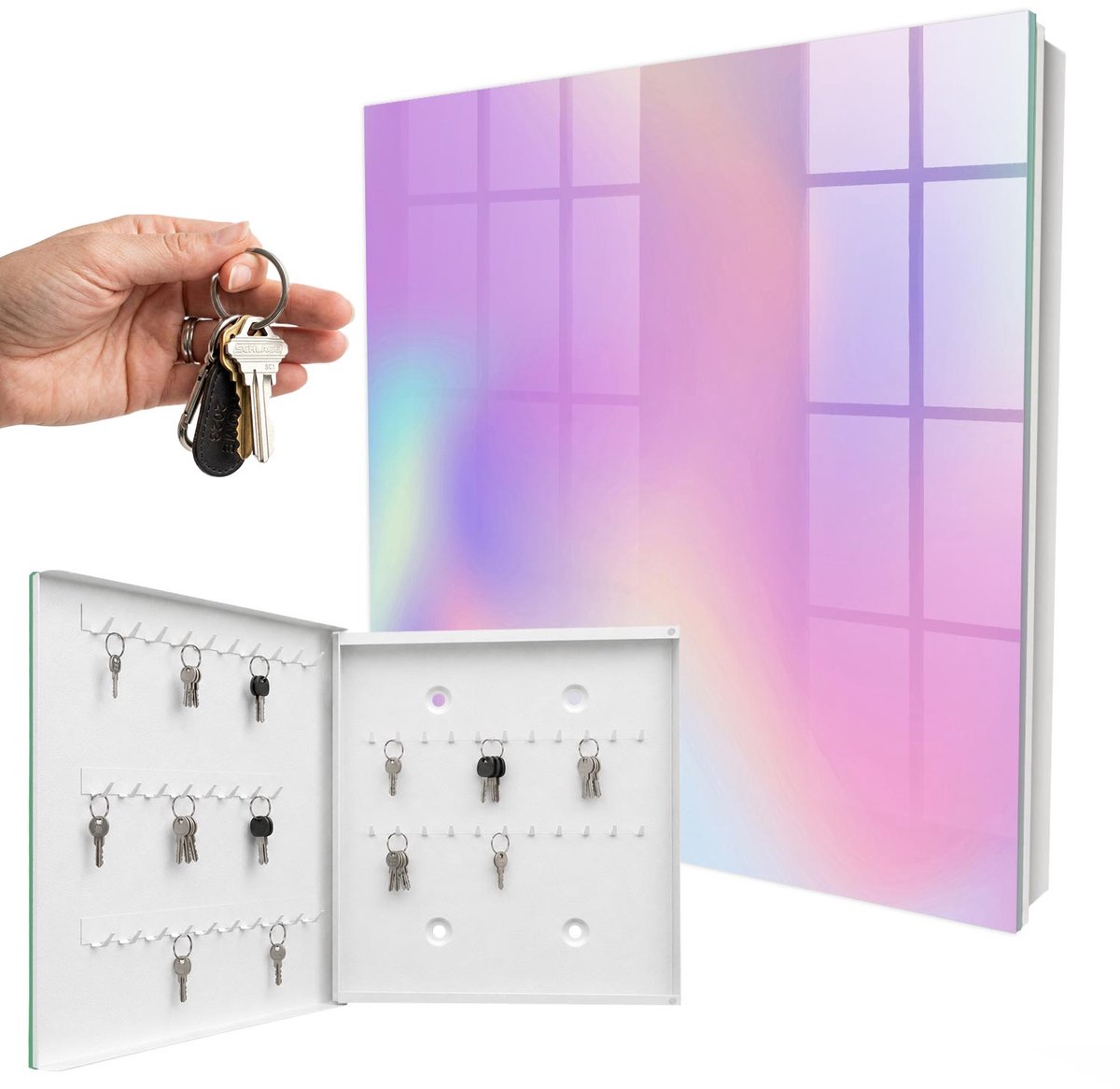 WallMuralia - Sleutelkast - 30x30x5 cm - met 50 haken - Pastel Golf Sleutelkastje Design - Paars Sleutelbox - Linksopenend - Wit interieur