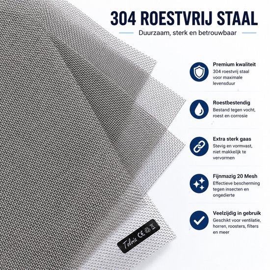 Drie lagen roestvrij staal gaas van premium kwaliteit, 304, met fijne maaswijdte.