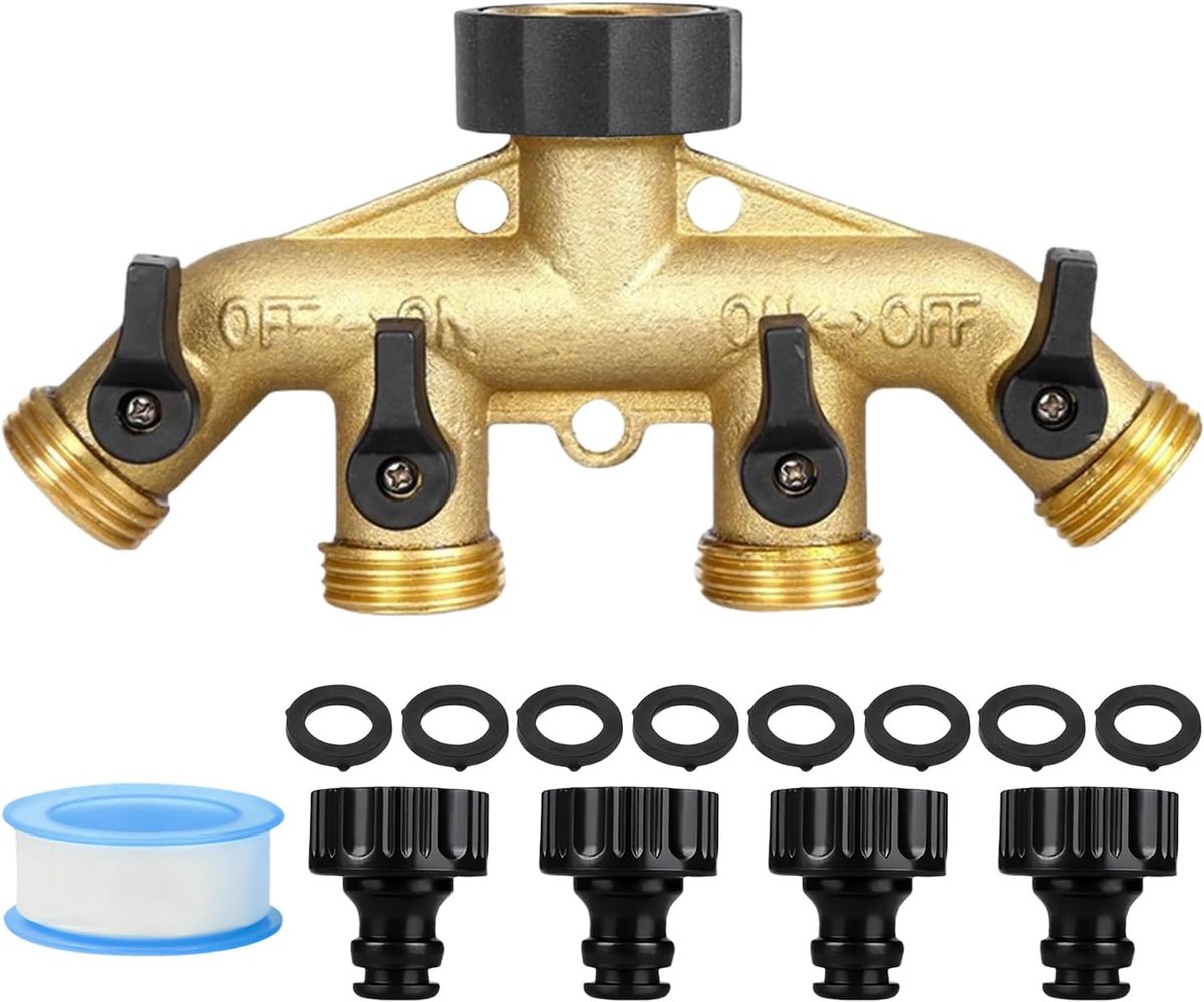 4-weg waterverdeler, waterverdeler 4-voudig, 4-weg verdeler met 4 tuinslangadapters, tuinslangverdeler van messing, tuinwaterverdeler voor irrigatie, waterstroomregelaar