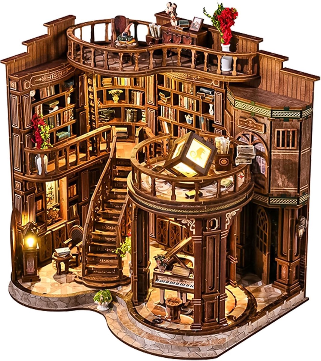 Book Nook, Dreamy Book Hall DIY Miniatuur Huis Bouwpakket met LED-Lampjes, Creatieve Houten 3D Puzzel Poppenhuis – Uniek Cadeau voor Boekenliefhebbers (Kerstmis, Verjaardag, Valentijnsdag)