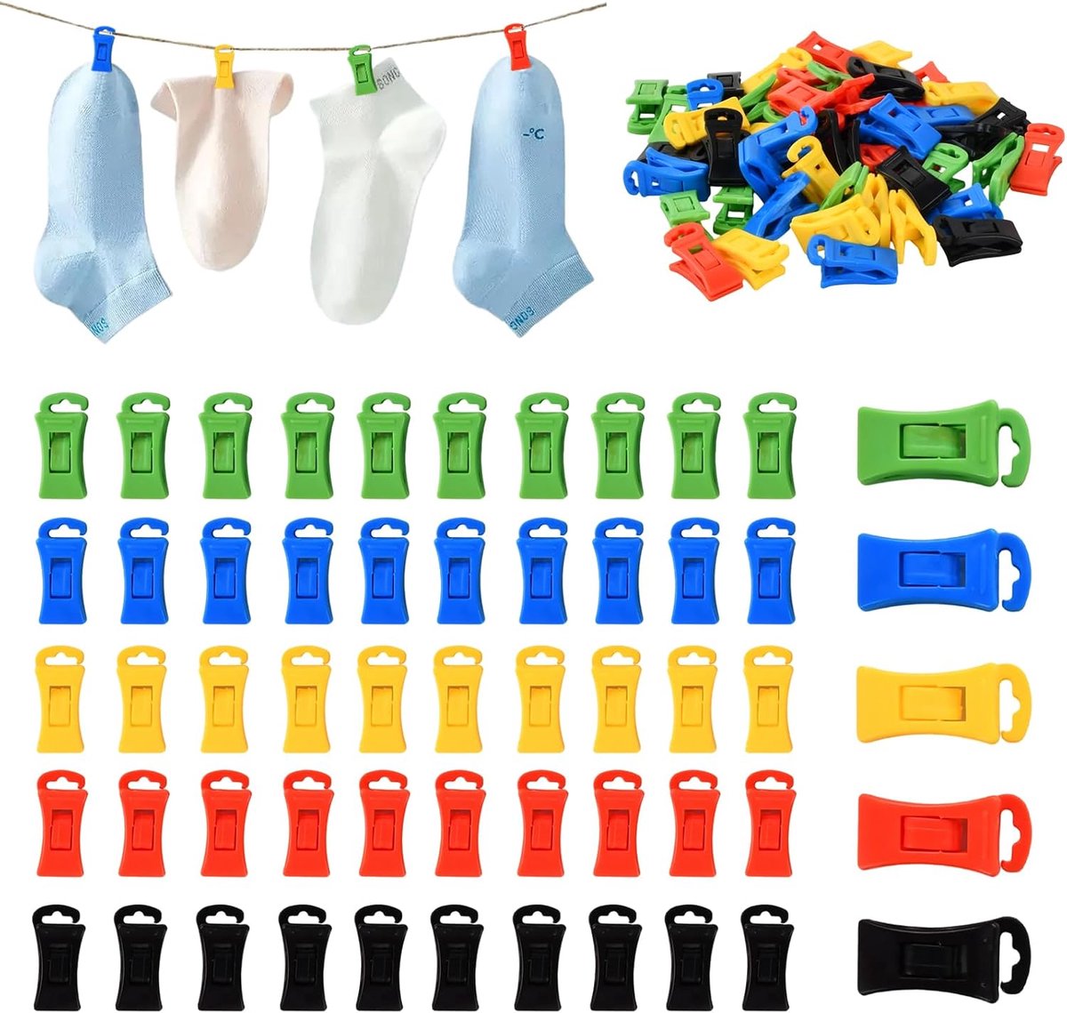 50 stuks kleurrijke sokkenklemmen voor wasmachine en droger, antislip