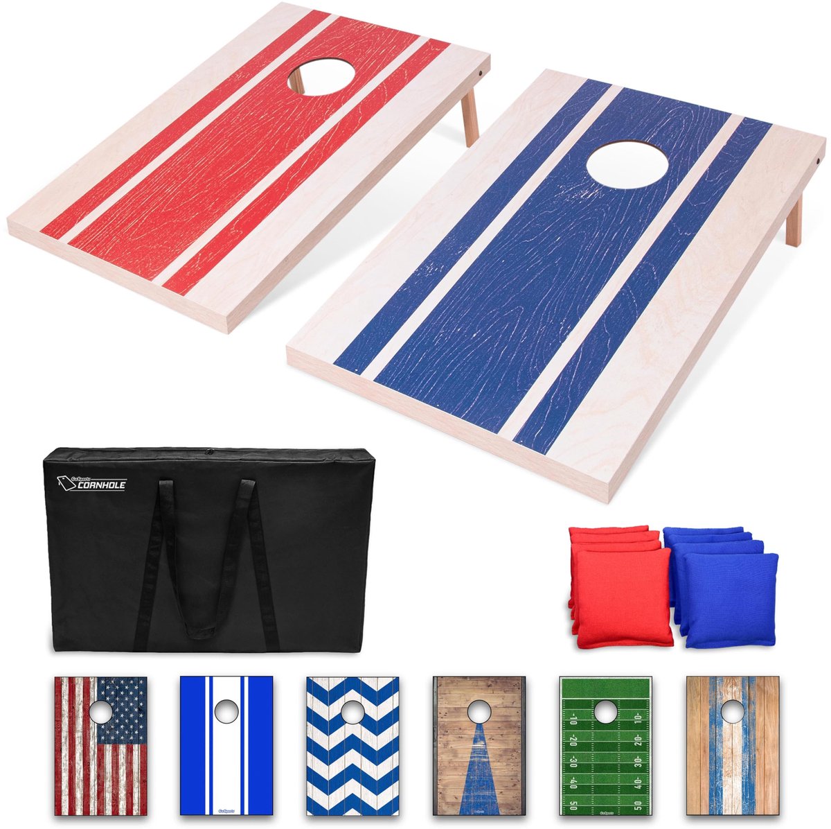 SnelShoppen - GoSports Houten Cornhole Spelset - Inclusief 2 Spellen, 8 Zitzakken en Draagtas - Rood en Blauw - 3'x2' - Perfect voor Feesten, Camping,