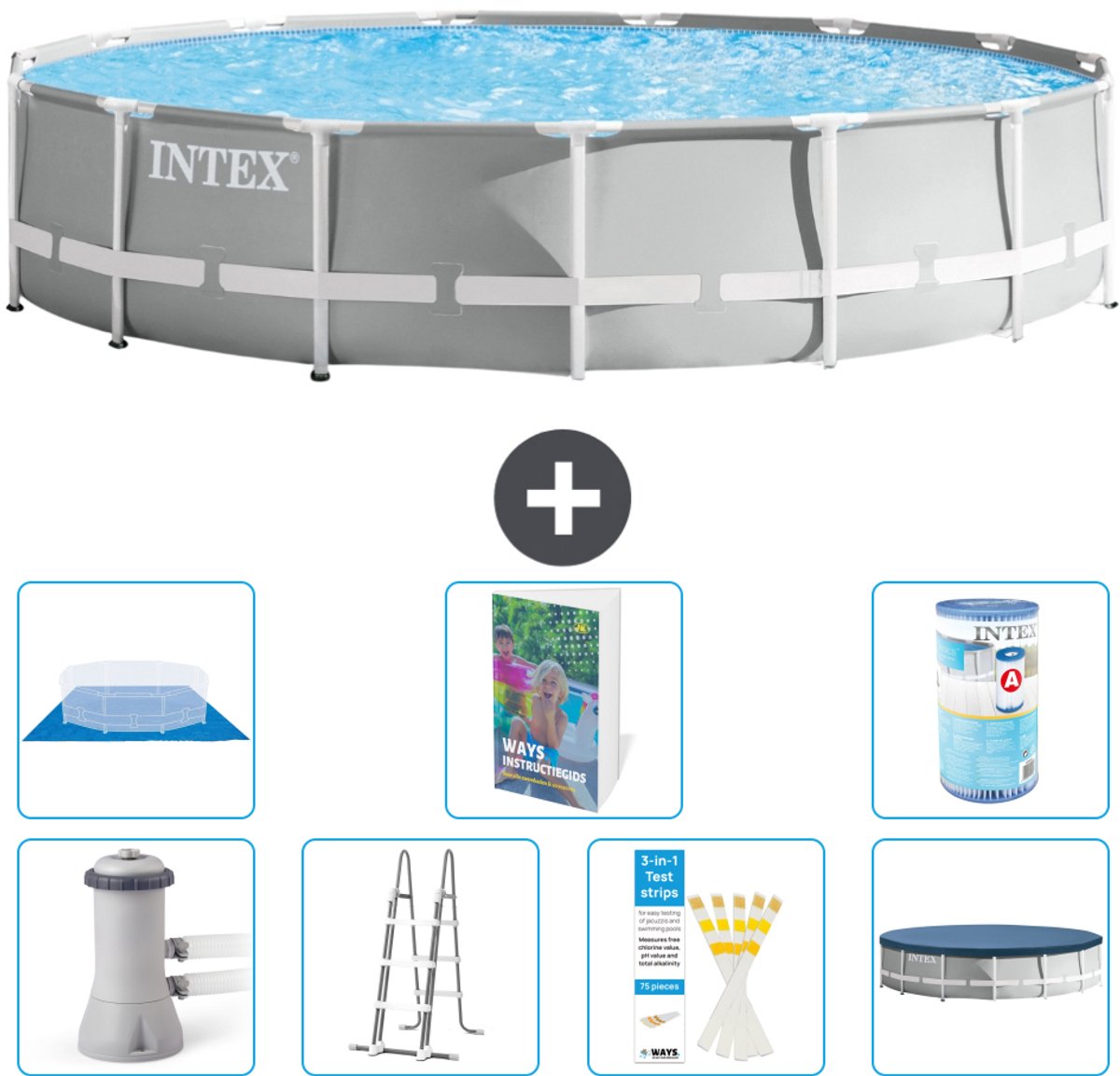 Intex Rond Prism Frame Zwembad - 457 x 107 cm - Grijs - Inclusief Pomp - Ladder - Grondzeil - Afdekzeil - Filter - 8-delig