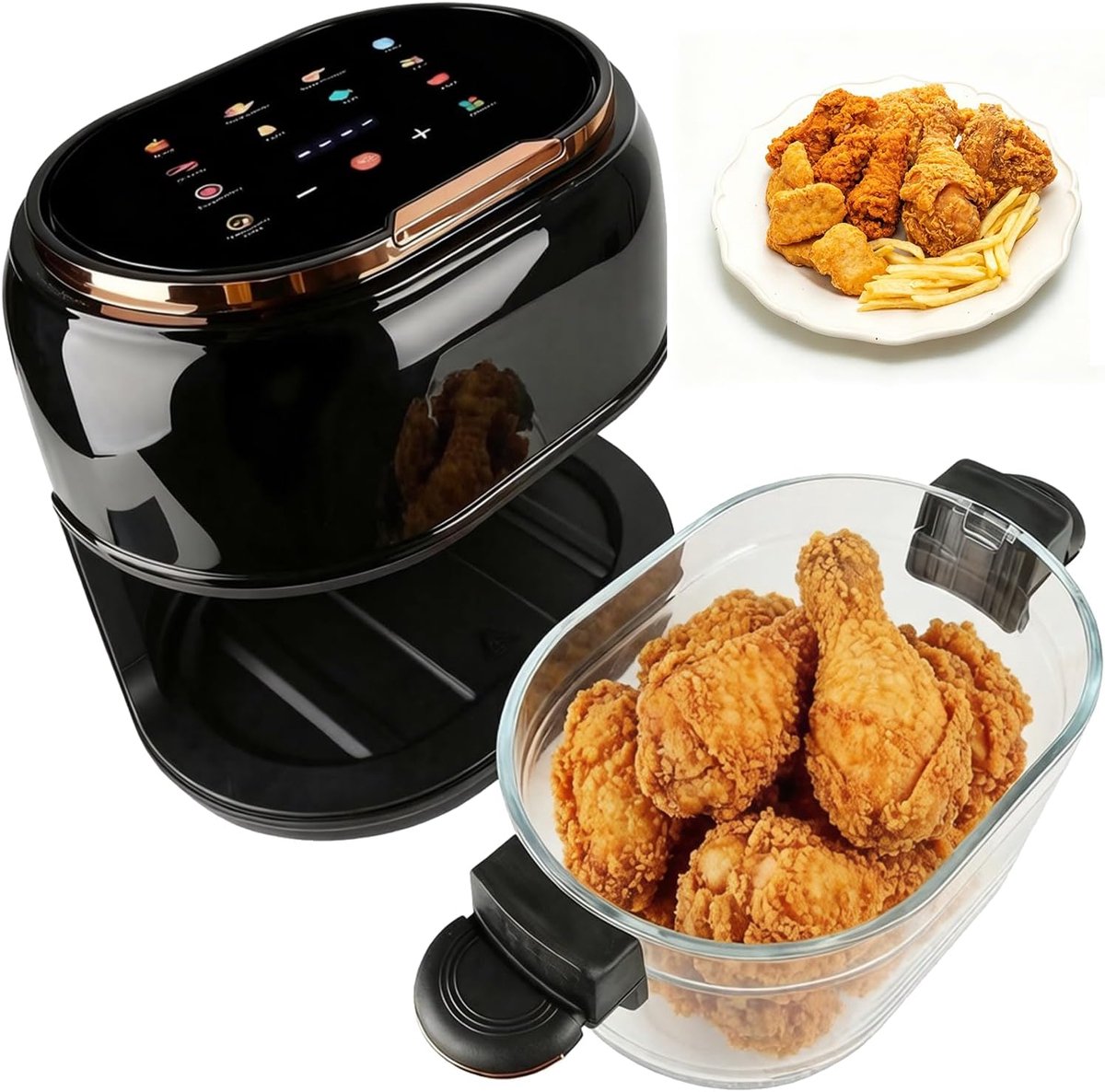 SnelShoppen - Heteluchtfriteuse 5 liter, 1350 W, 9-in-1 Multifunctioneel met Touchscreen, Glazen Mand en Kijkvenster, 8 Slimme Programma's, 24-Uurs Ti