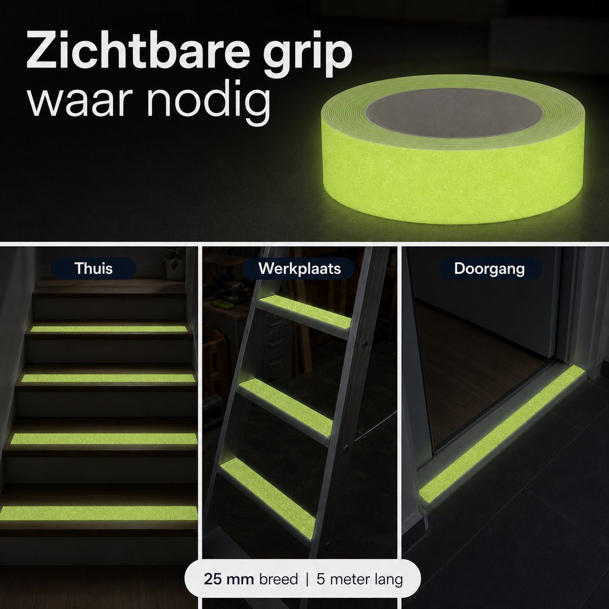 Glow-in-the-Dark Antisliptape - Zelfklevend - 25 mm x 5 m - Fluorescerend Geelgroen