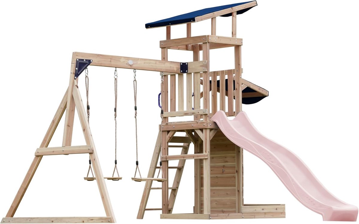 Malik Compleet Speeltoestel met 2 Schommels, Glijbaan Pastel Roze | Speeltoren tuin met Zandbak en Speelwand/Glijbaan met wateraansluiting | Speelhuis van hout op palen voor buiten