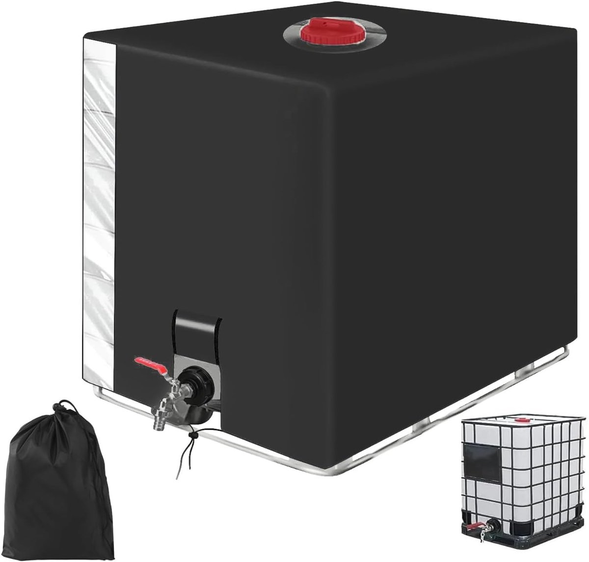 tankbedekking, zwarte hoes tarpauline voor watertank 1000L, IBC containerafdekking 120 x100 x116 cm, beschermende tarpauline regenwatertank, met transparante film voor 1000 liter watertank