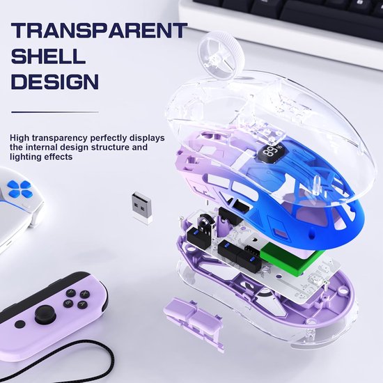 A2 Draadloze Gamingmuis, Dual-Mode 2.4G/Bluetooth Pc-Gamingmuizen, RGB-muis met Batterijdisplay, Transparante Behuizing, PixArt 3212 4000 DPI, voor Win/MAC, Twilight Purple — afbeelding 4