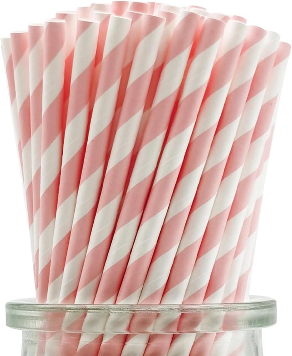 Rietjes, 7,75 inch - 100 Stuks, Roze Streep Rietje Taart Pop Rietjes