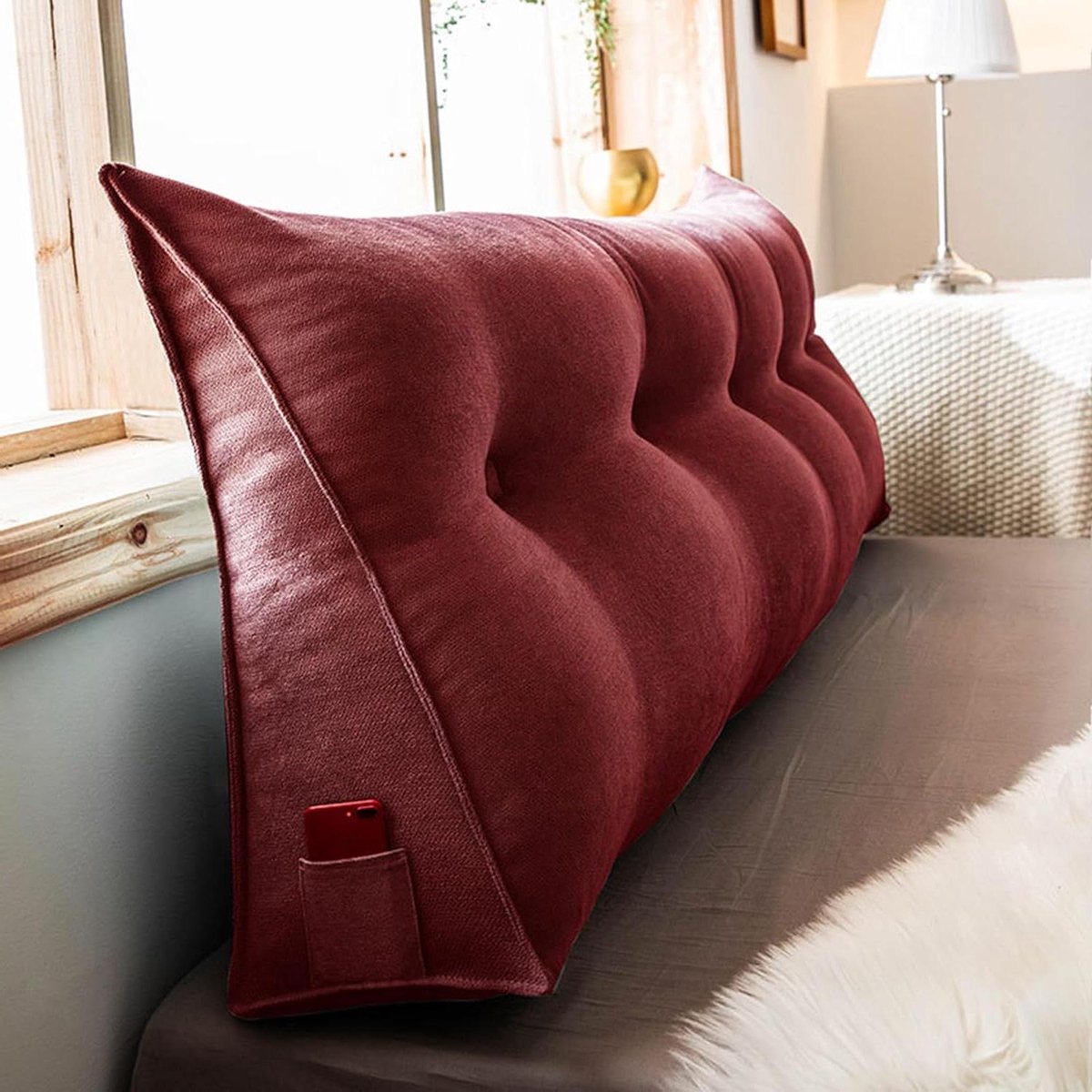 Hoofdbordkussen - Steun wig - Comfortabel lezen - Met zijvak - 60 x 50 x 20 cm - Rood