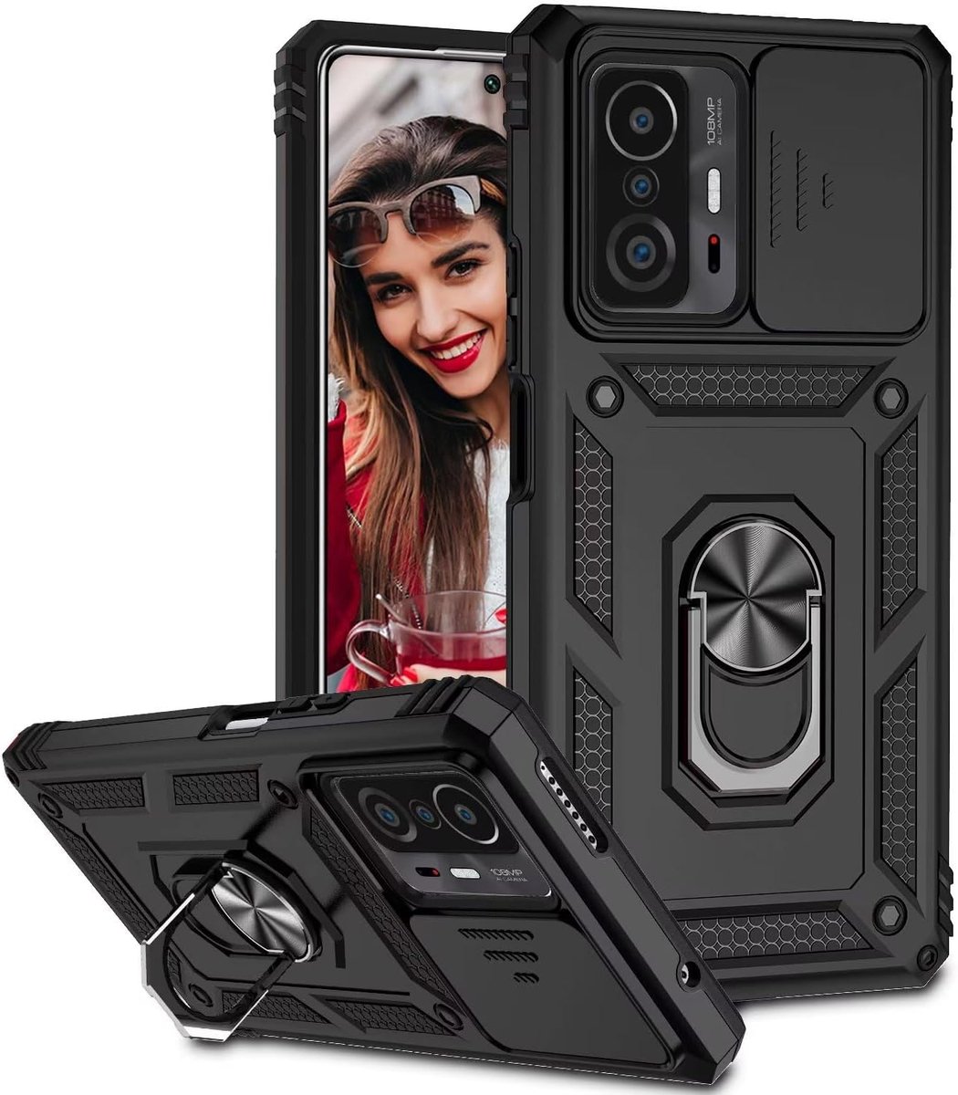 Hoesje voor Xiaomi 11T /11T Pro Case, [Camera Bescherming] Shockproof Militaire Grade Beschermende Telefoonhoes Cover met 360 Graden Magnetische Ring Kickstand Zwart