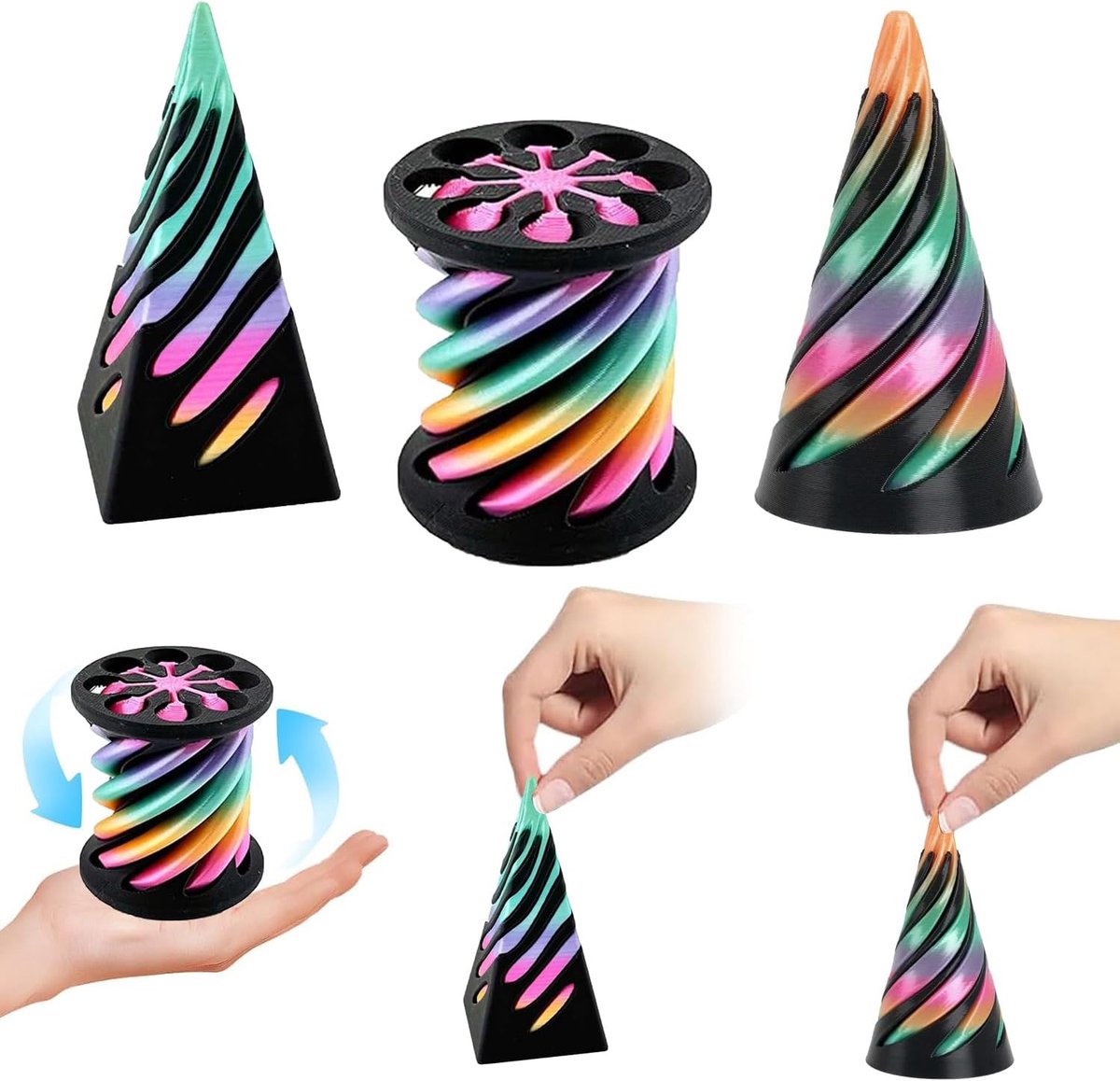 3D Gedrukte Spiraalvormige Kegel Fidget Toy, 3 Stuks Spiraalvormige Kegel Speelgoed, Sensorisch Speelgoed voor Kinderen, Anti-Stress Speelgoed, Kleur