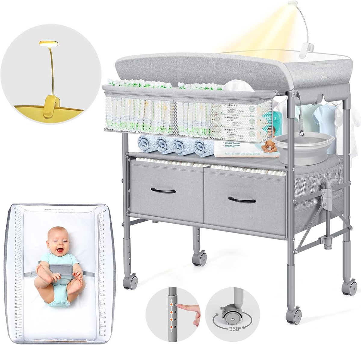 Draagbare Baby Luiertafel met Laden en Nachtlampje, in Hoogte